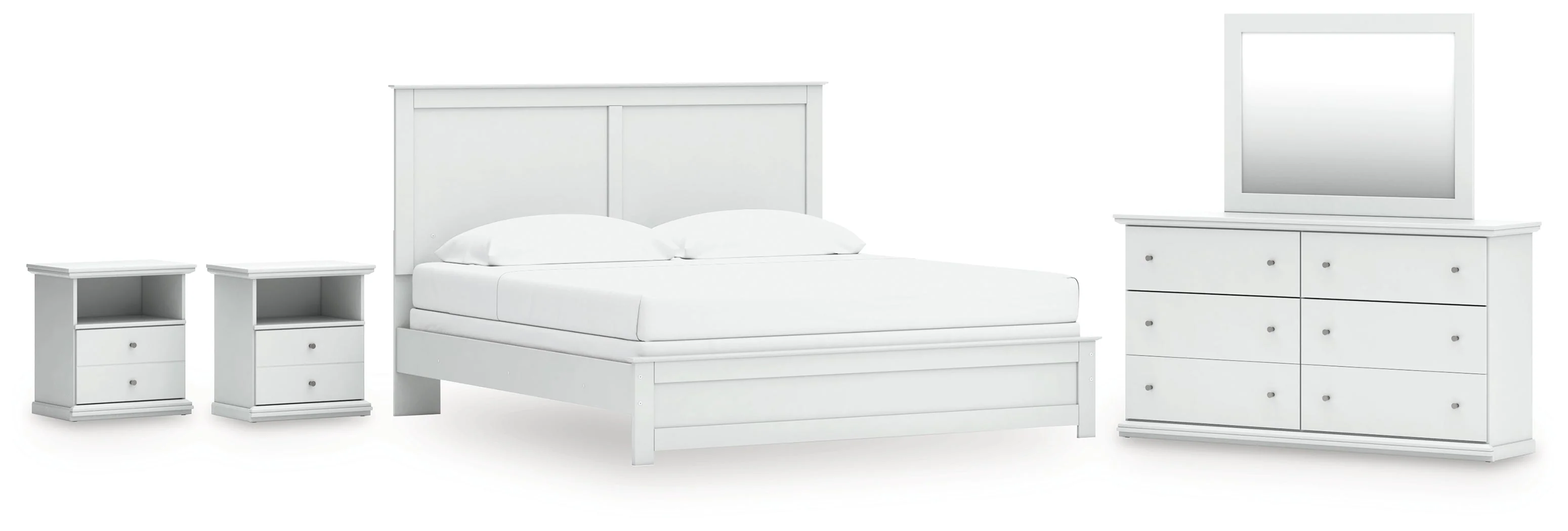 Bostwick Shoals King Panel Bed with Mirrored Dresser and 2 Nightstands in White