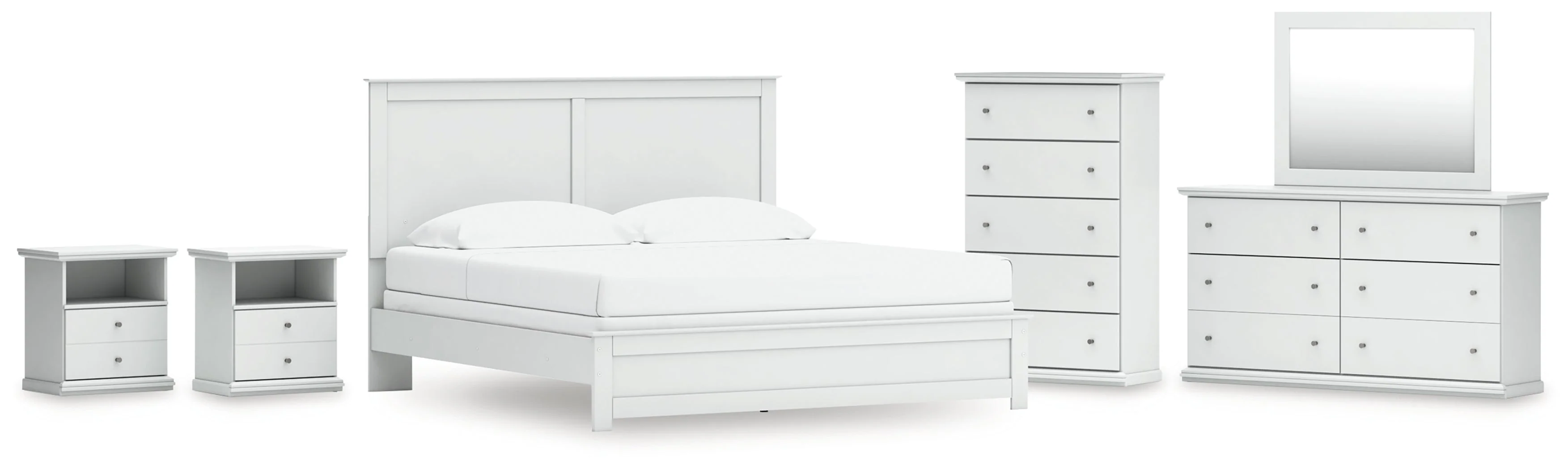 Bostwick Shoals King Panel Bed with Mirrored Dresser, Chest and 2 Nightstands in White