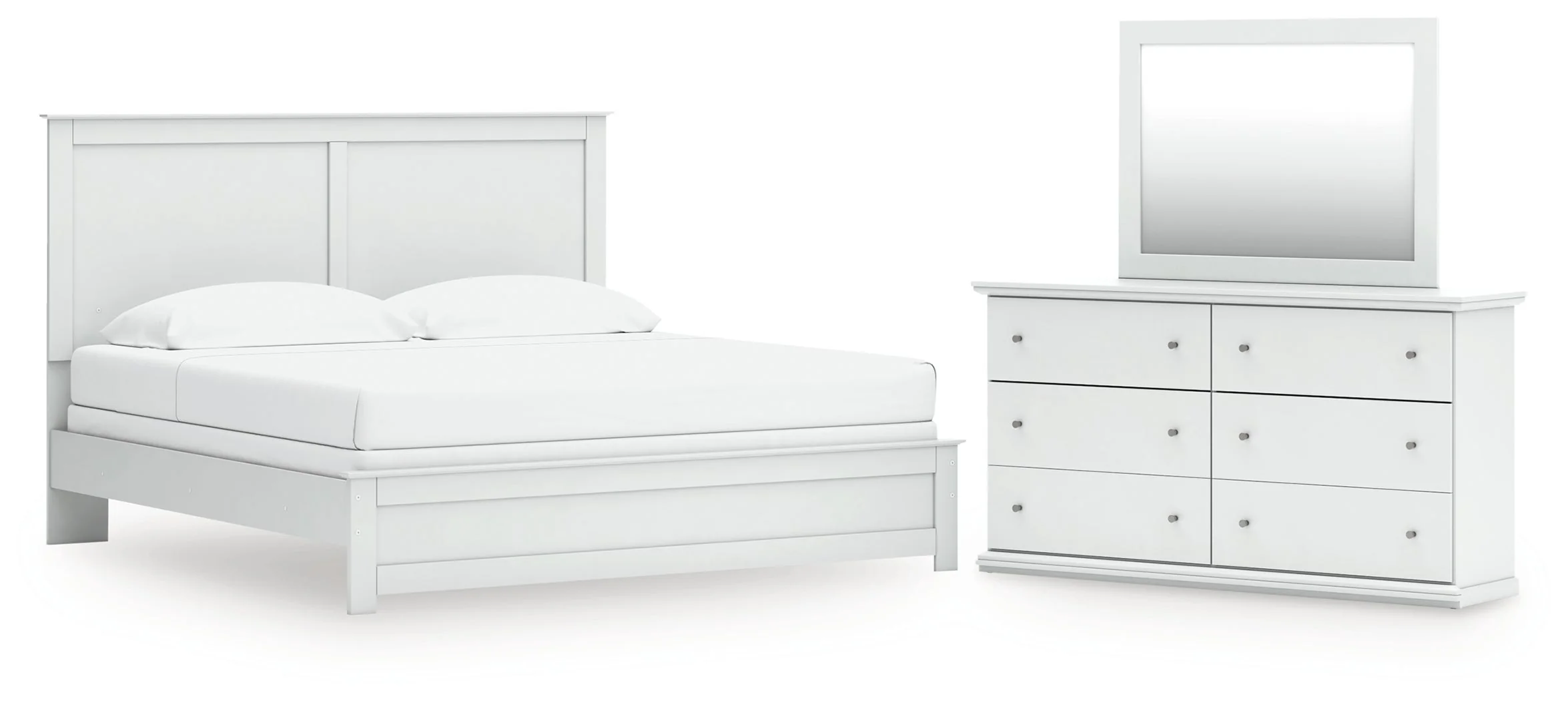 Bostwick Shoals King Panel Bed with Mirrored Dresser in White