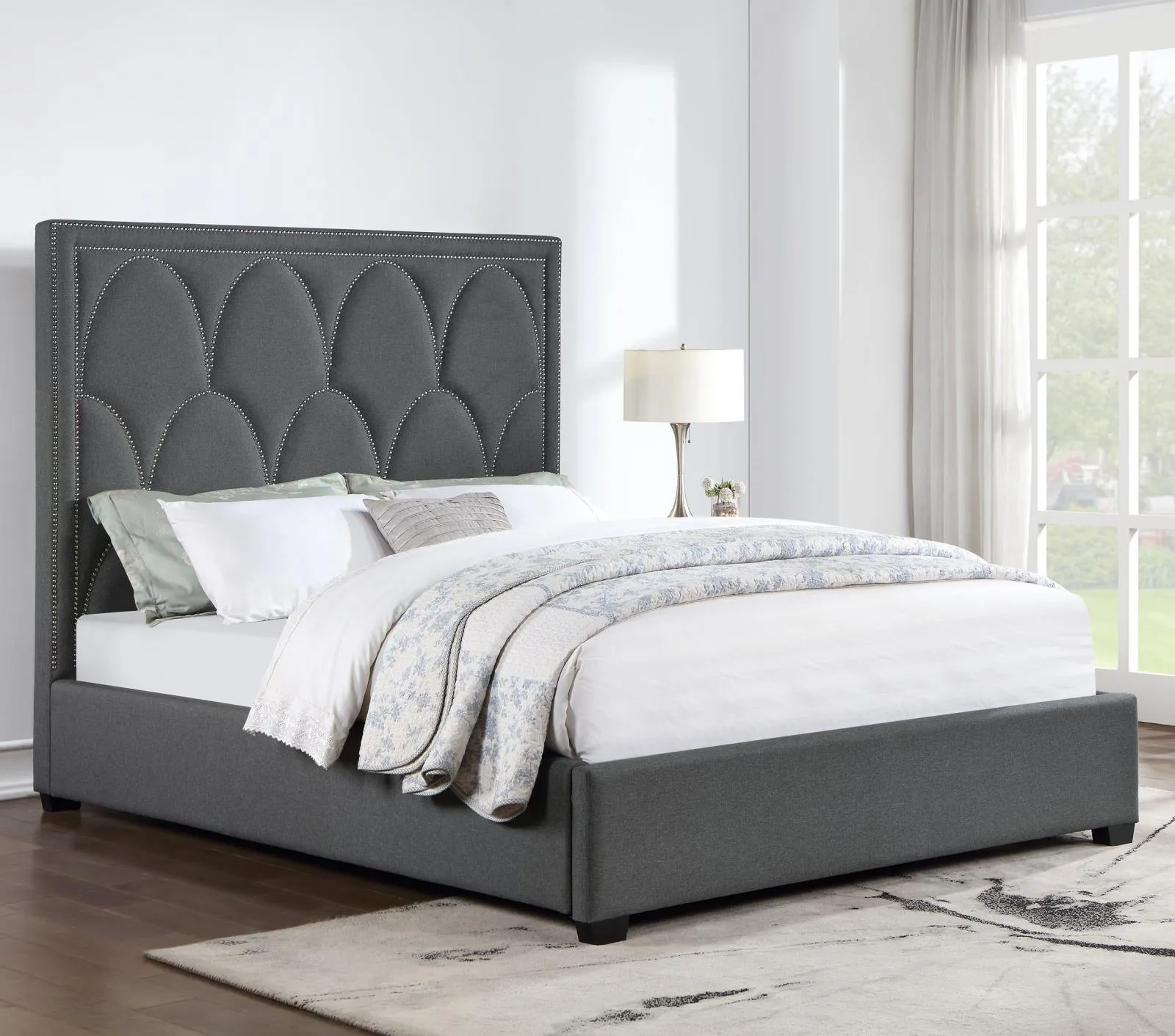 Bowfield Charcoal Upholstered Bed with Nailhead Trim - Image 2