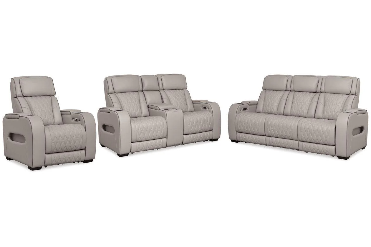 Boyington Gray Dual Power Leather Power Reclining Sofa, Loveseat and Recliner - Image 2