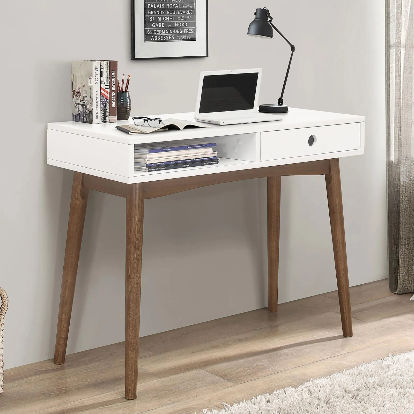 Bradenton White/Walnut 1-Drawer Writing Desk
