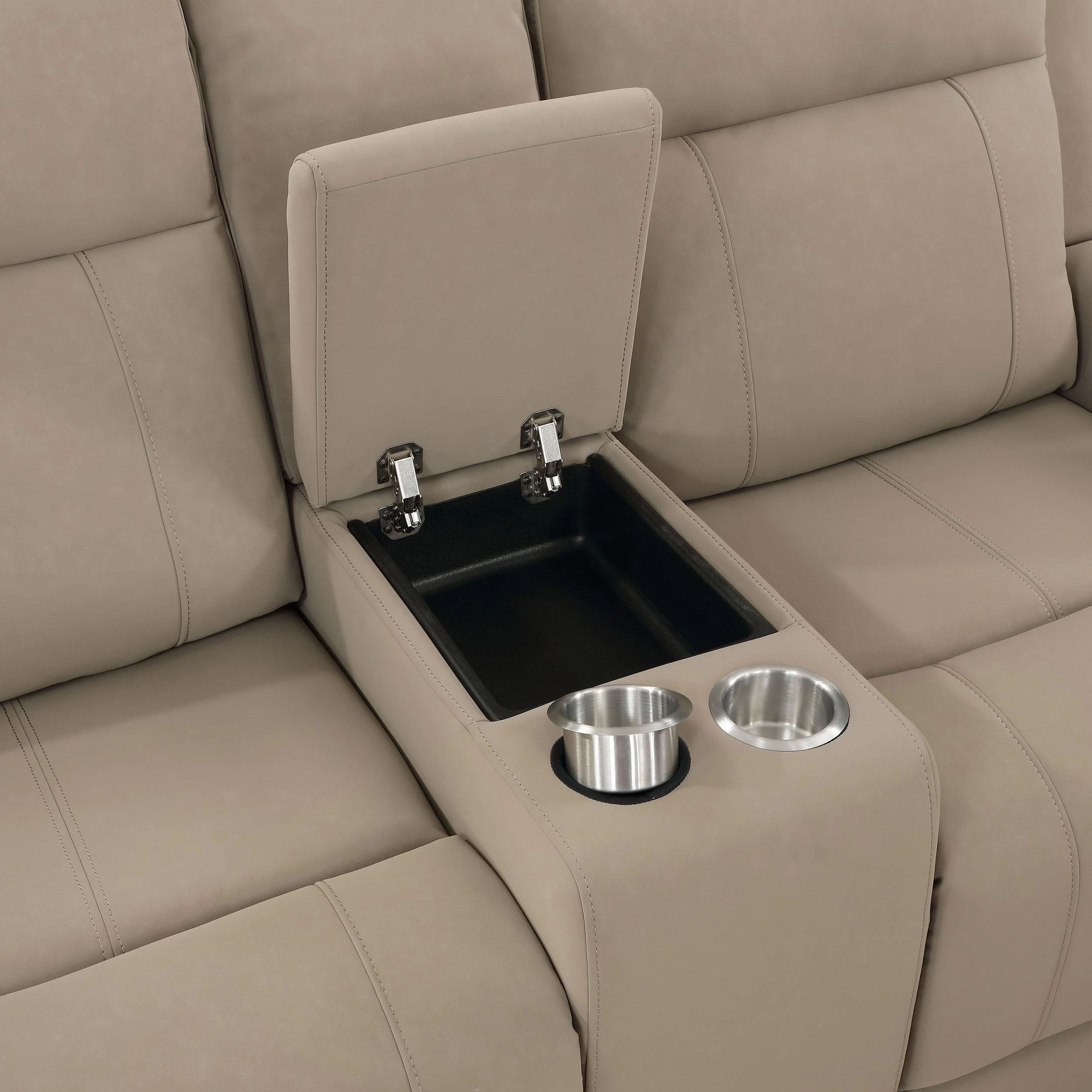 Brentwood Taupe Upholstered Motion Reclining Loveseat with Console - Image 11