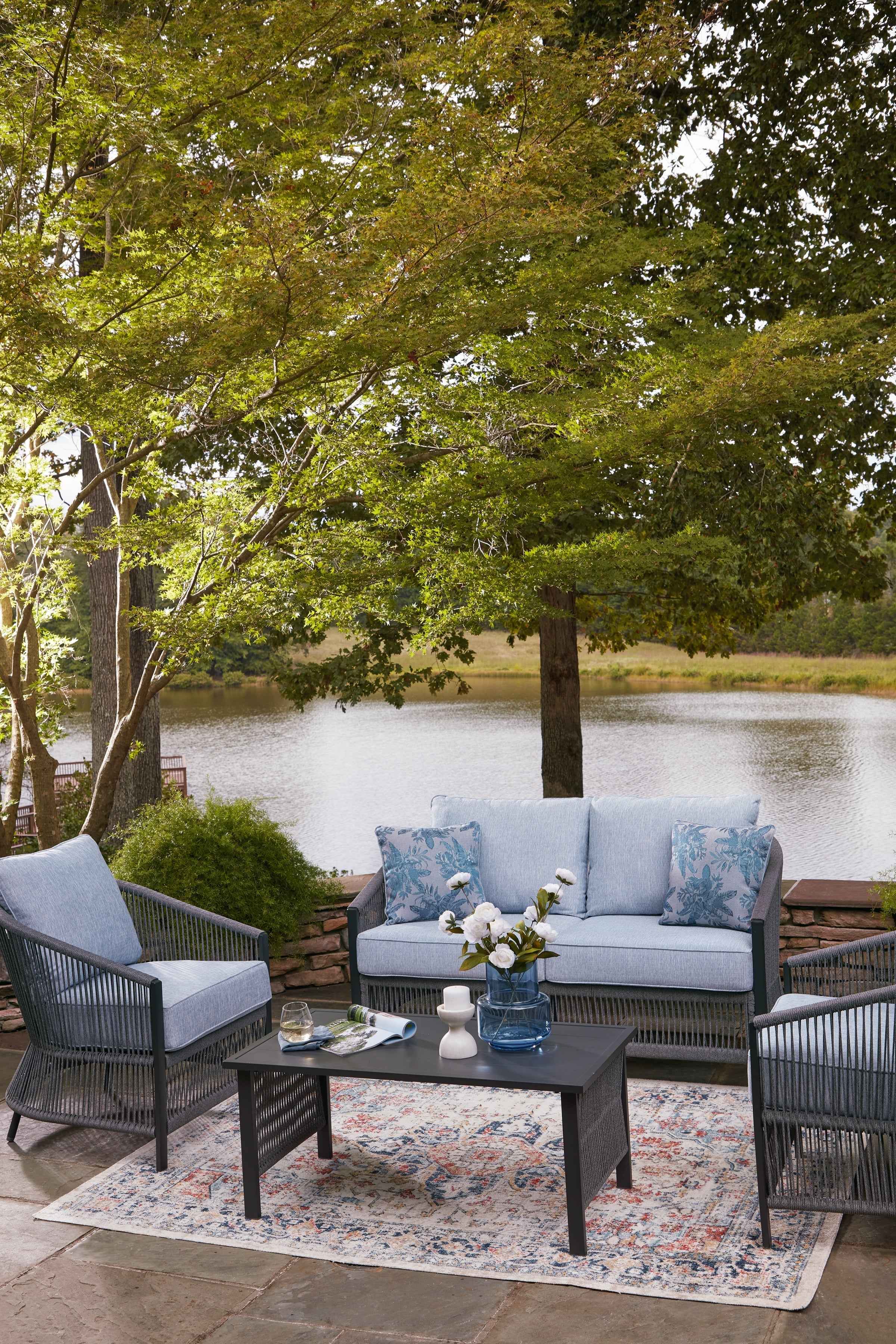 Bridges Beach Gray Outdoor Love/Chairs/Table Set (Set of 4) - Image 10