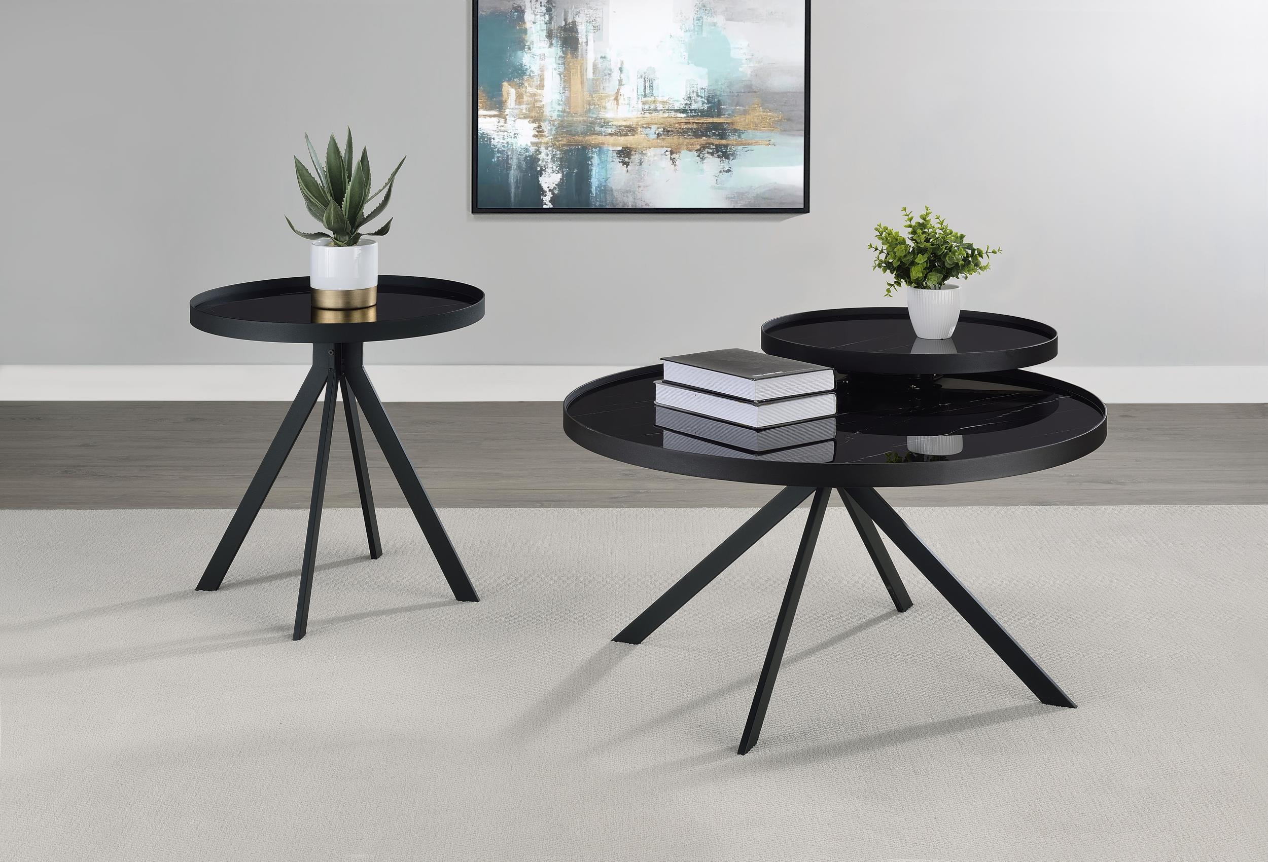 Briggs Black Round Marble Printed Glass Top Coffee Table - Image 3