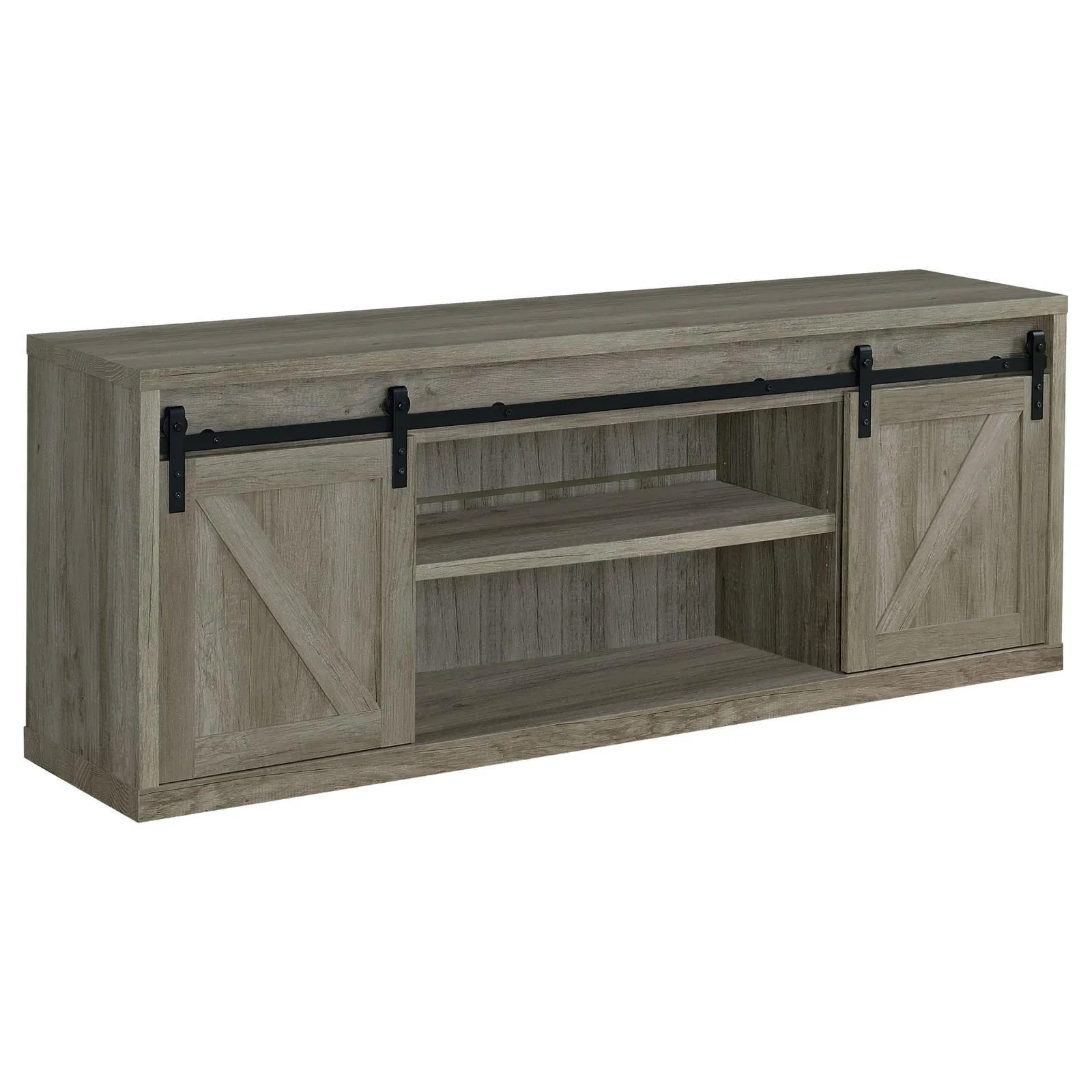 Brockton Gray Driftwood 71-inch 3-Shelf Sliding Doors TV Console - Image 2
