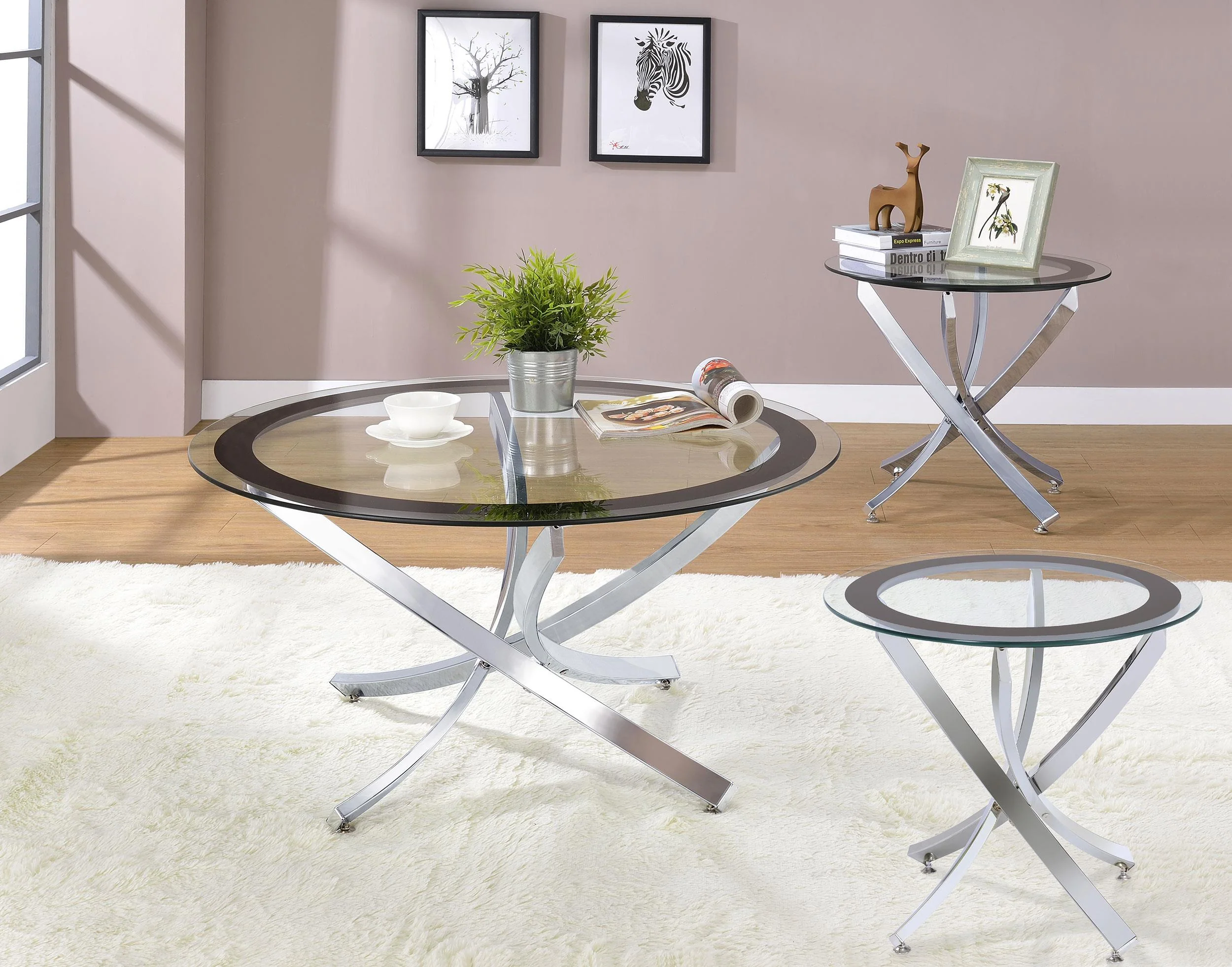 Brooke Chrome 3-piece Round Glass Top Coffee Table Set