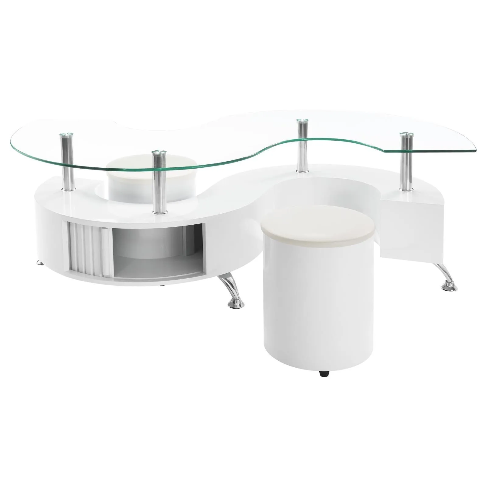 Buckley Curved Glass Top Coffee Table With Stools White High Gloss - Image 2