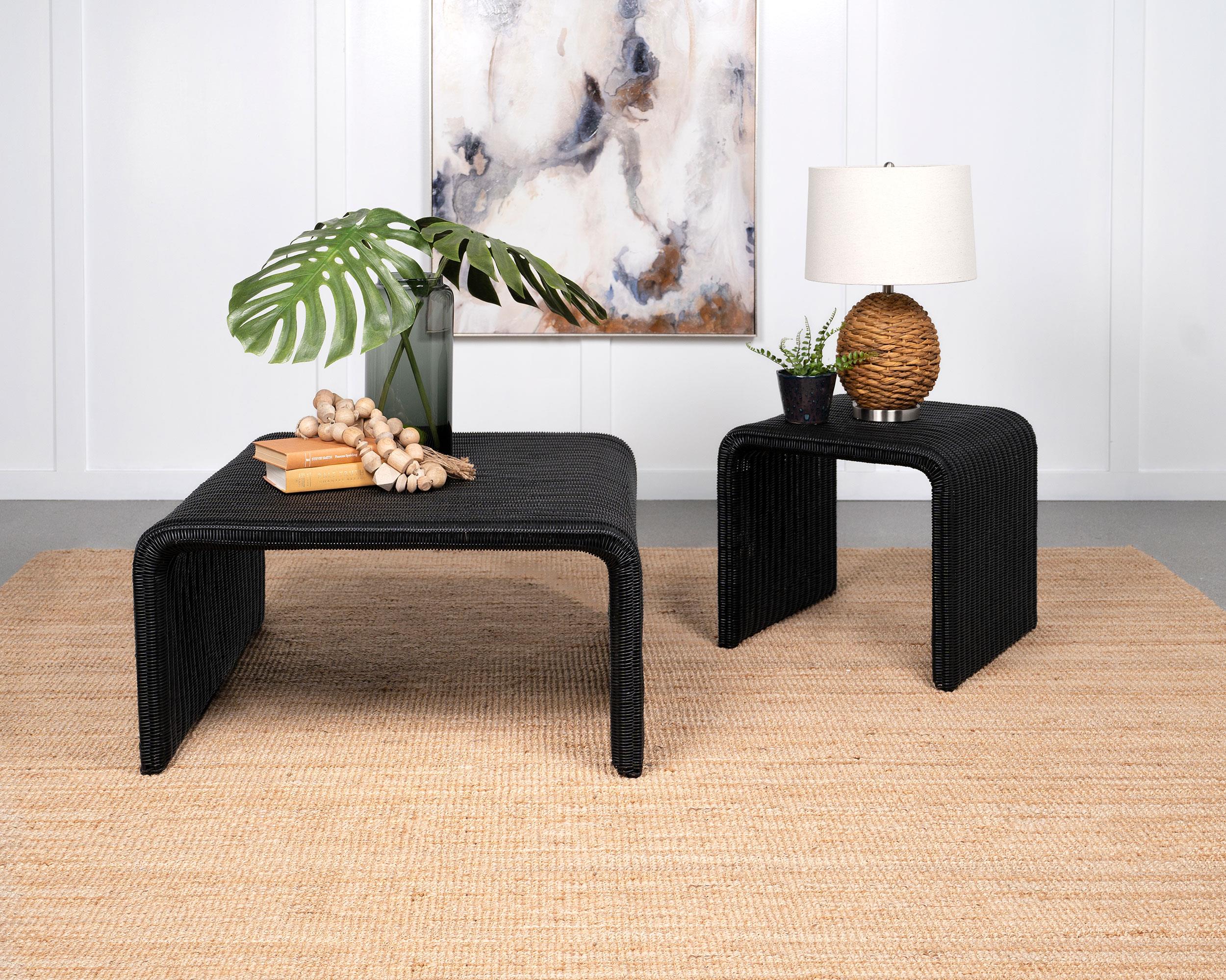 Cahya Black 2-Piece Rattan Coffee and End Table Set
