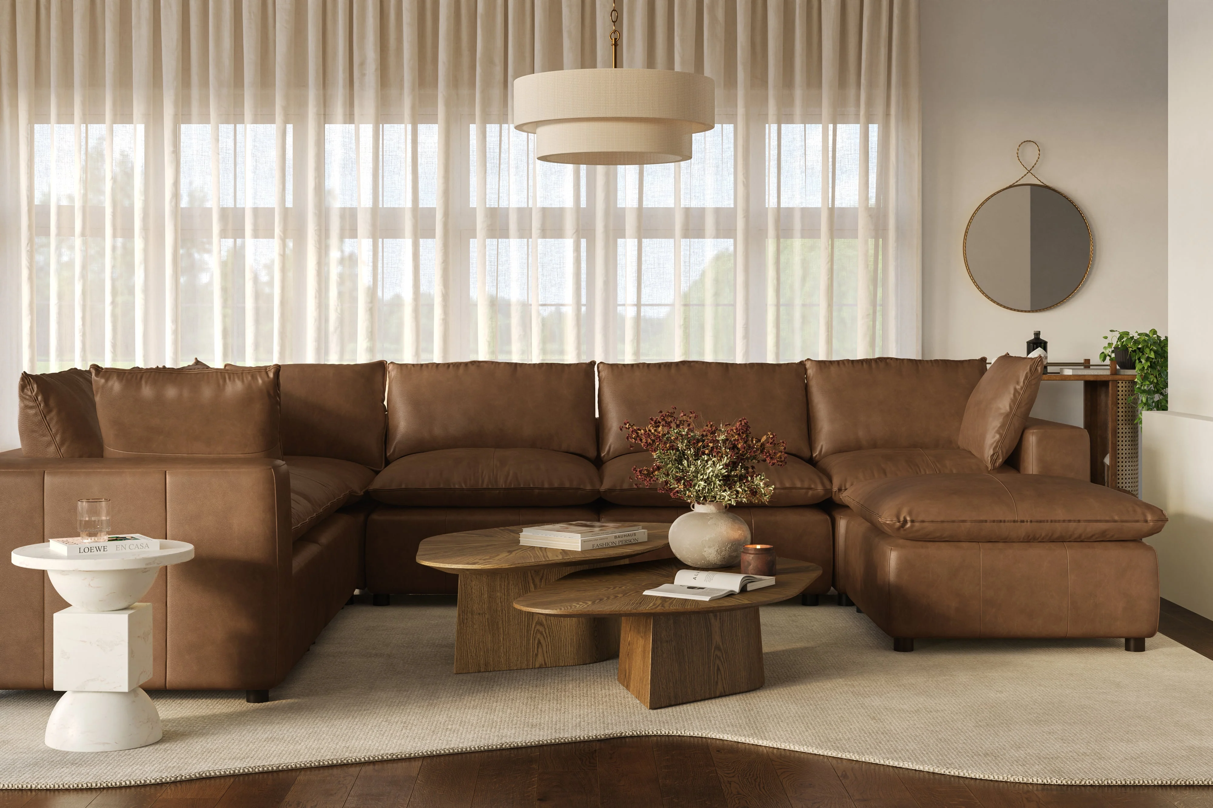Cali 7-Piece Brown Leather Modular Large Chaise Sectional - Image 2