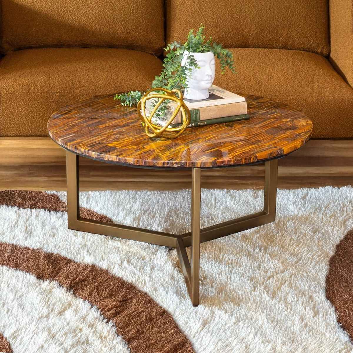Calico 36" Coffee Table in Tiger Eye with Antique Gold Base - Image 3