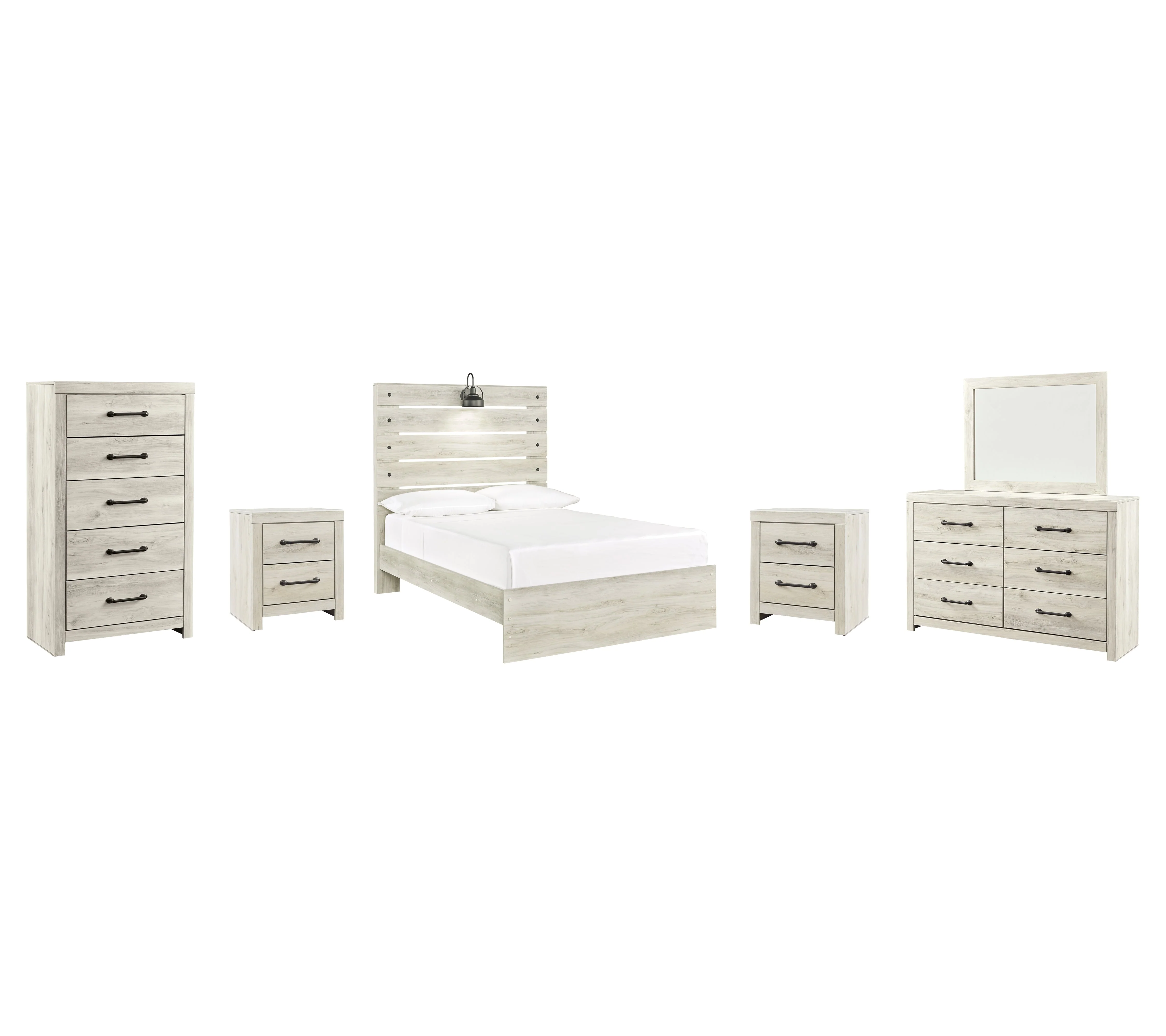 Cambeck Full Panel Bed with Mirrored Dresser, Chest and 2 Nightstands in Whitewash - Image 8