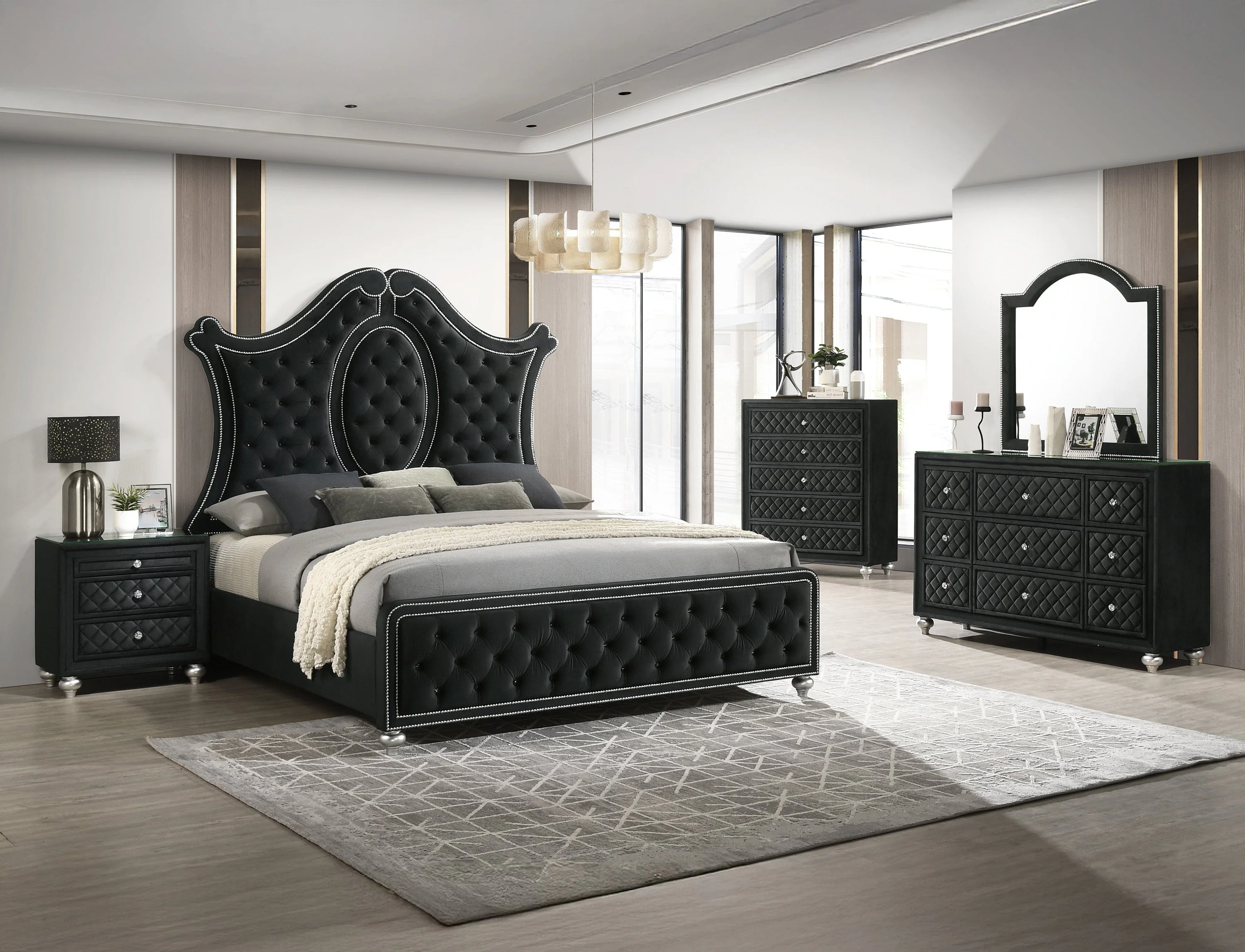 Cameo Black King Upholstered Panel Bed - Image 4