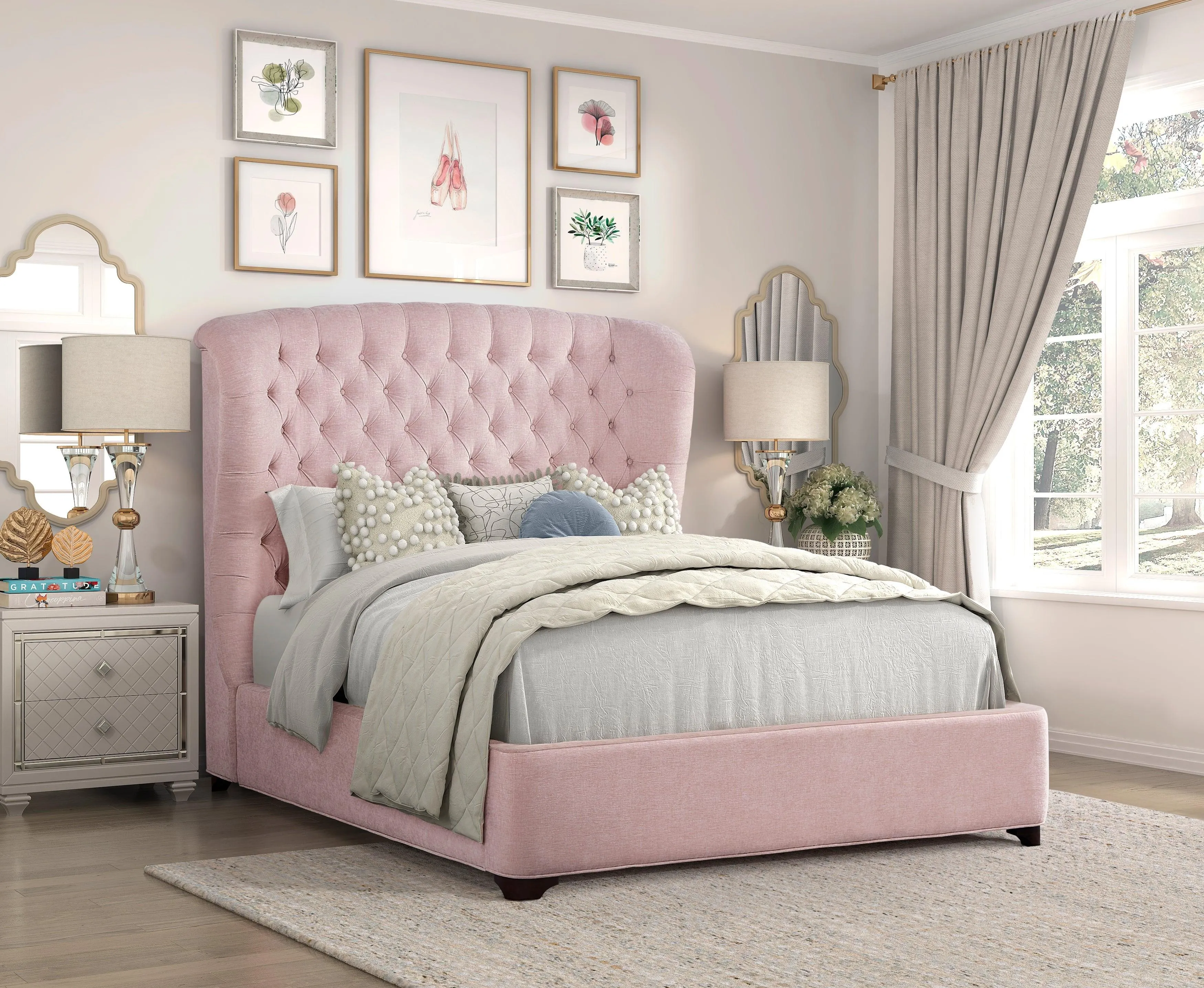 Cameo Pink King Upholstered Wingback Bed