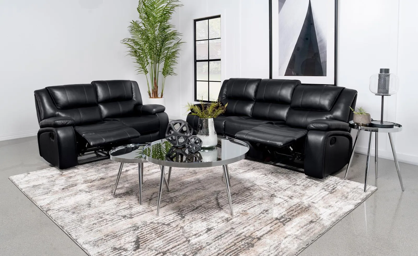 Camila Black 2-piece Upholstered Motion Reclining Sofa Set