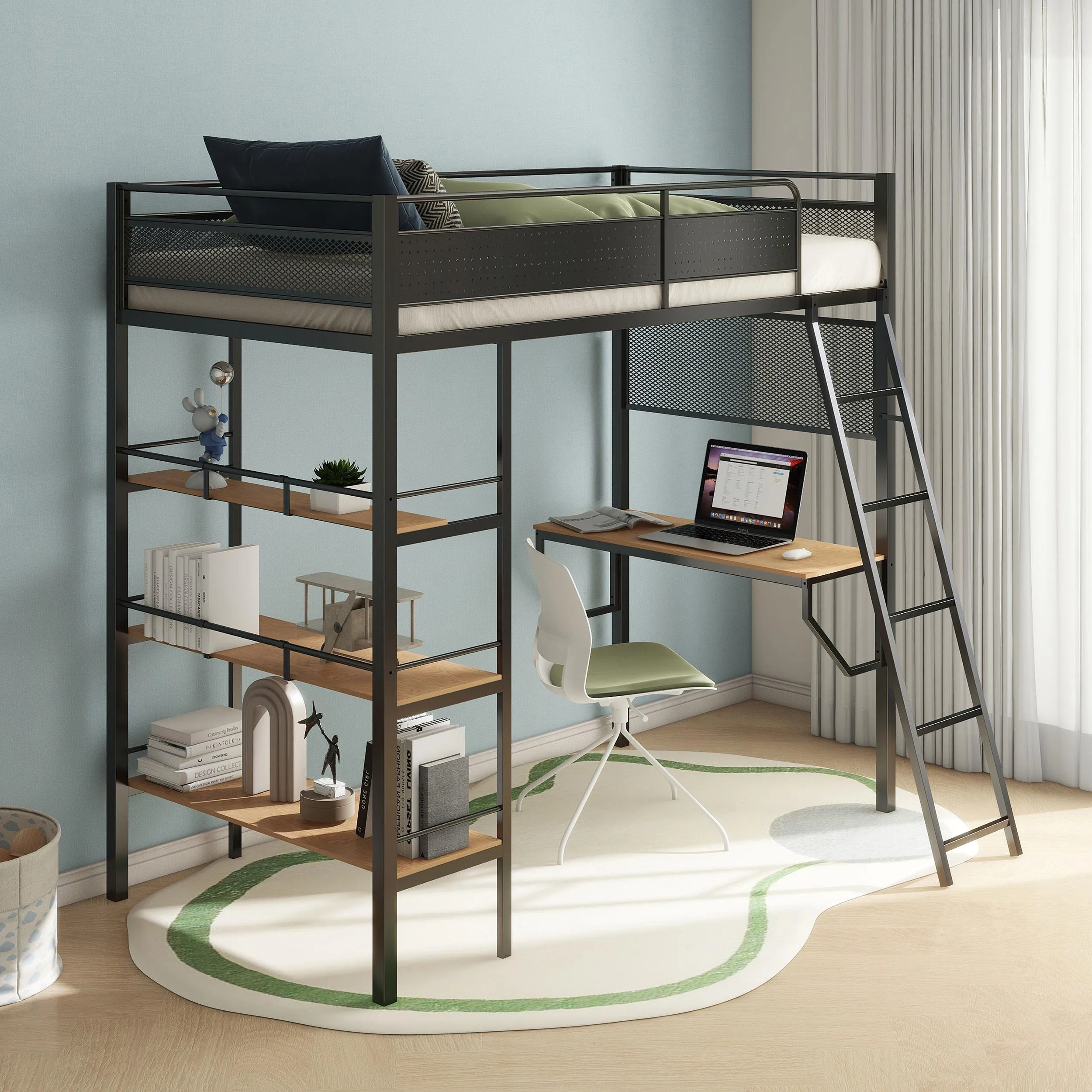 Campus Matte Black 3-Shelf Metal Twin Workstation Loft Bed