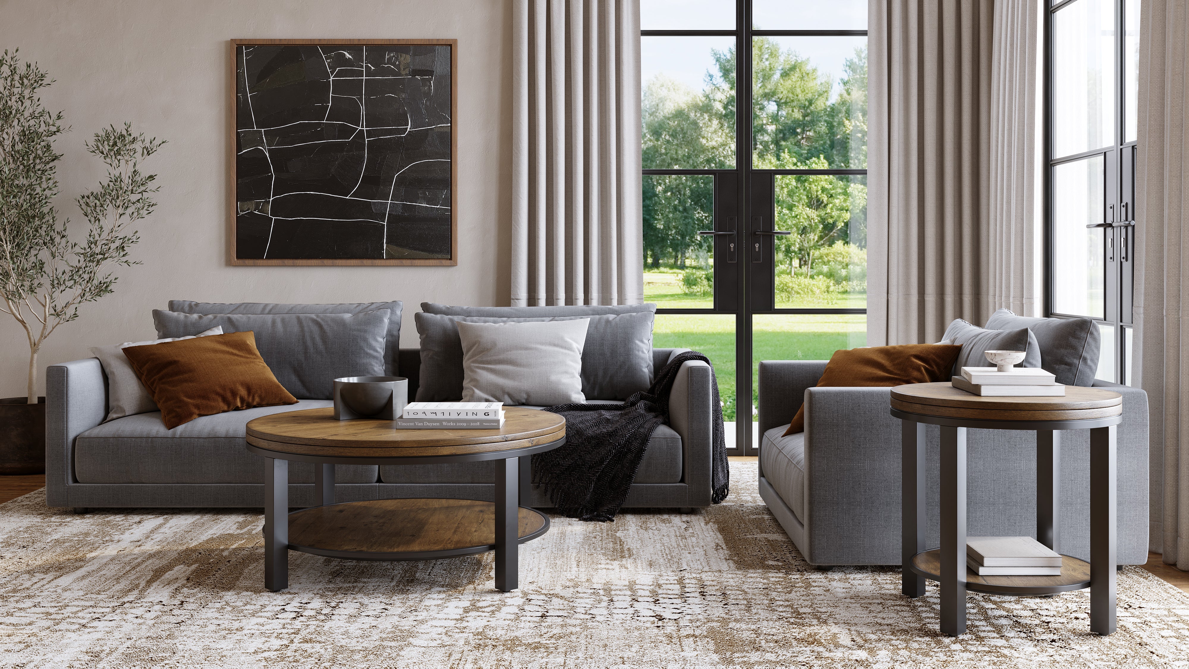 Canyon Solid Wood and Metal Round Coffee Table in Washed Grey - Image 2