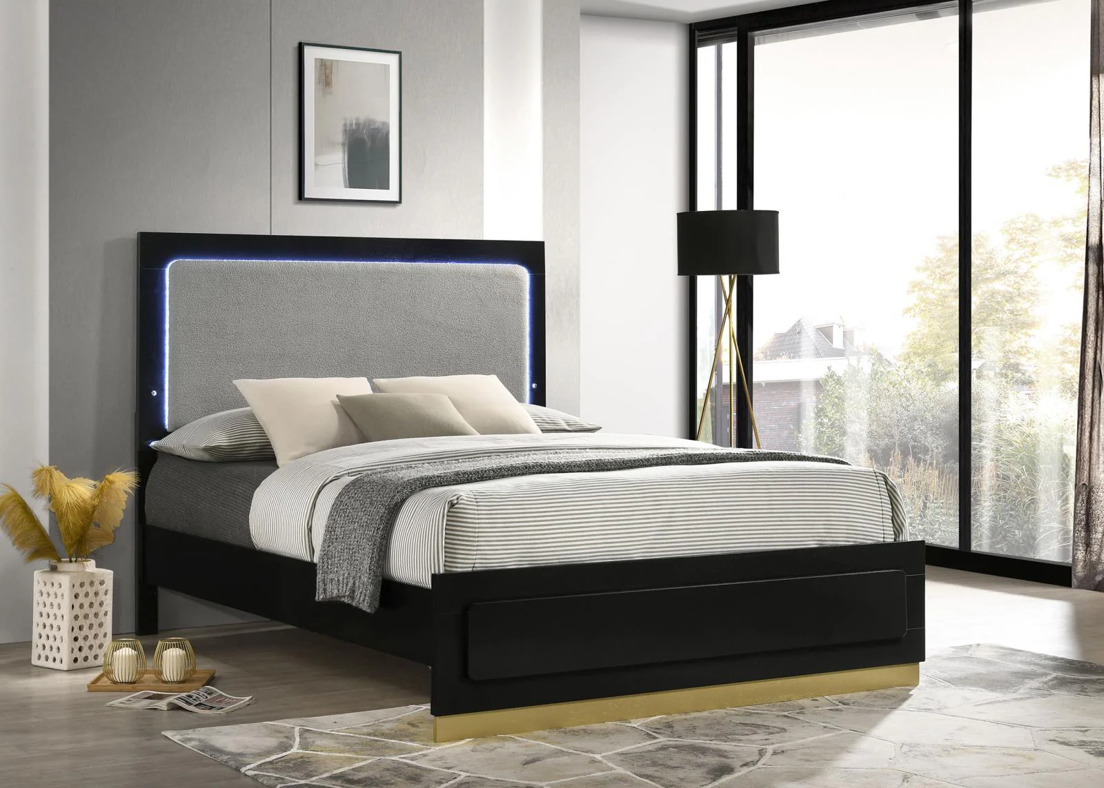Caraway Black and Gray Eastern King Bed with LED Headboard