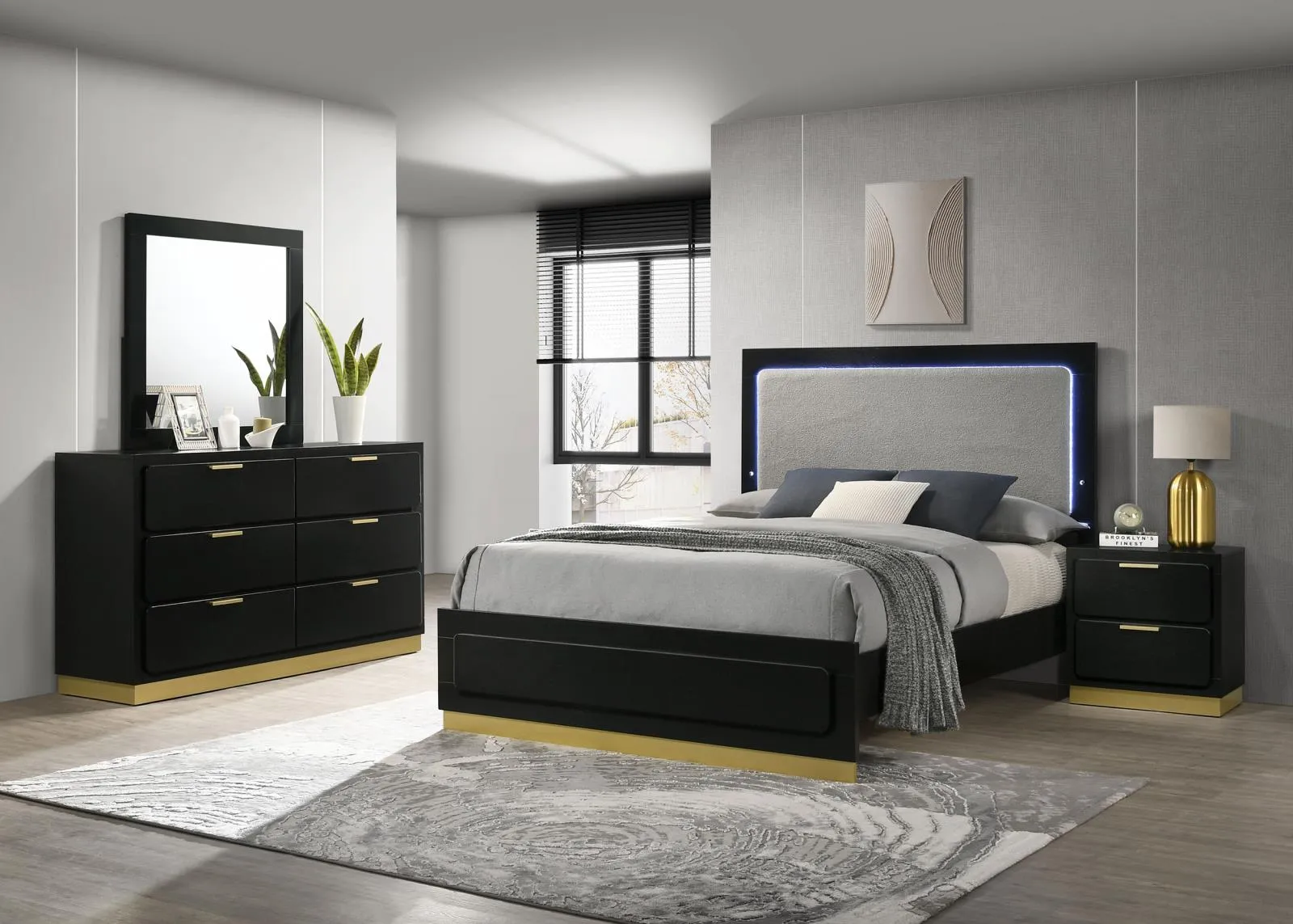 Caraway Black/Grey 4-Piece Queen Bedroom Set with LED Headboard