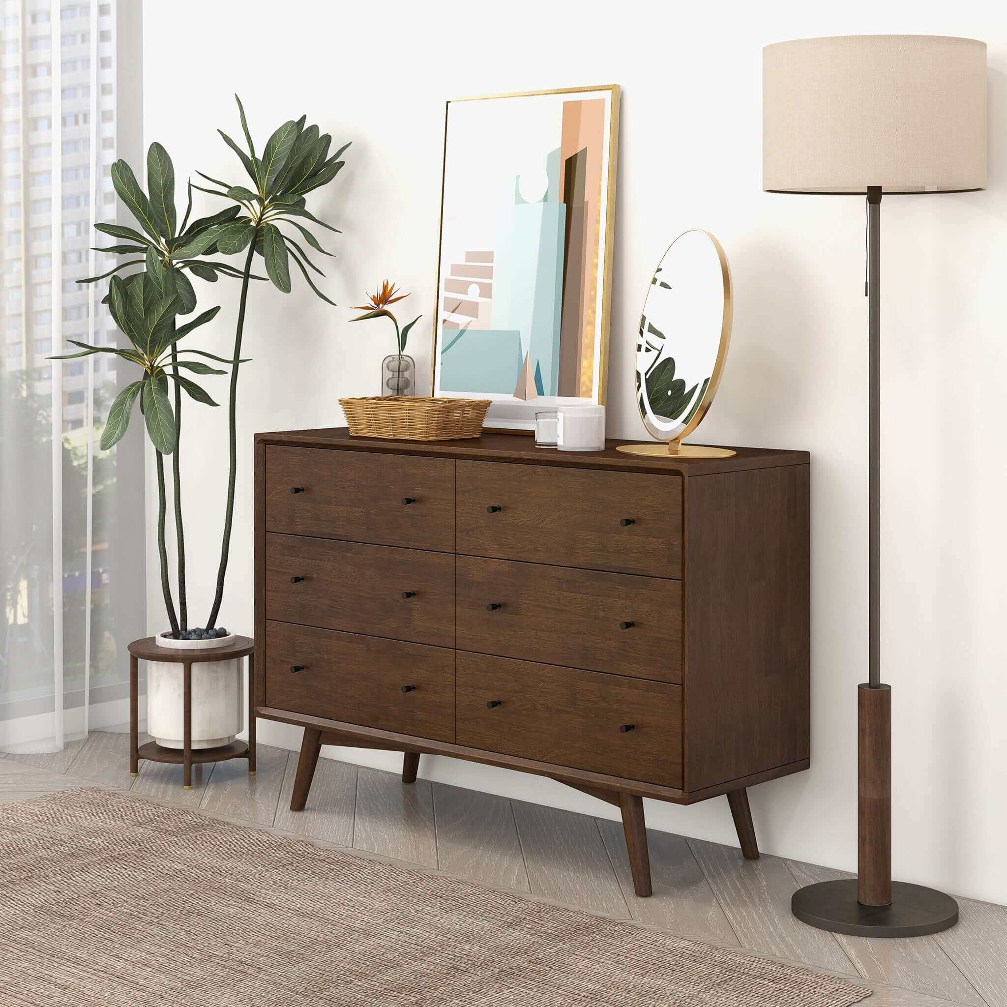 Caroline Mid Century Modern Walnut Dresser 6 Drawer - Image 2