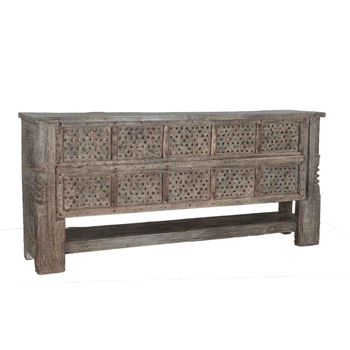 Carved Solid Wood Console Table With Bottom Shelf