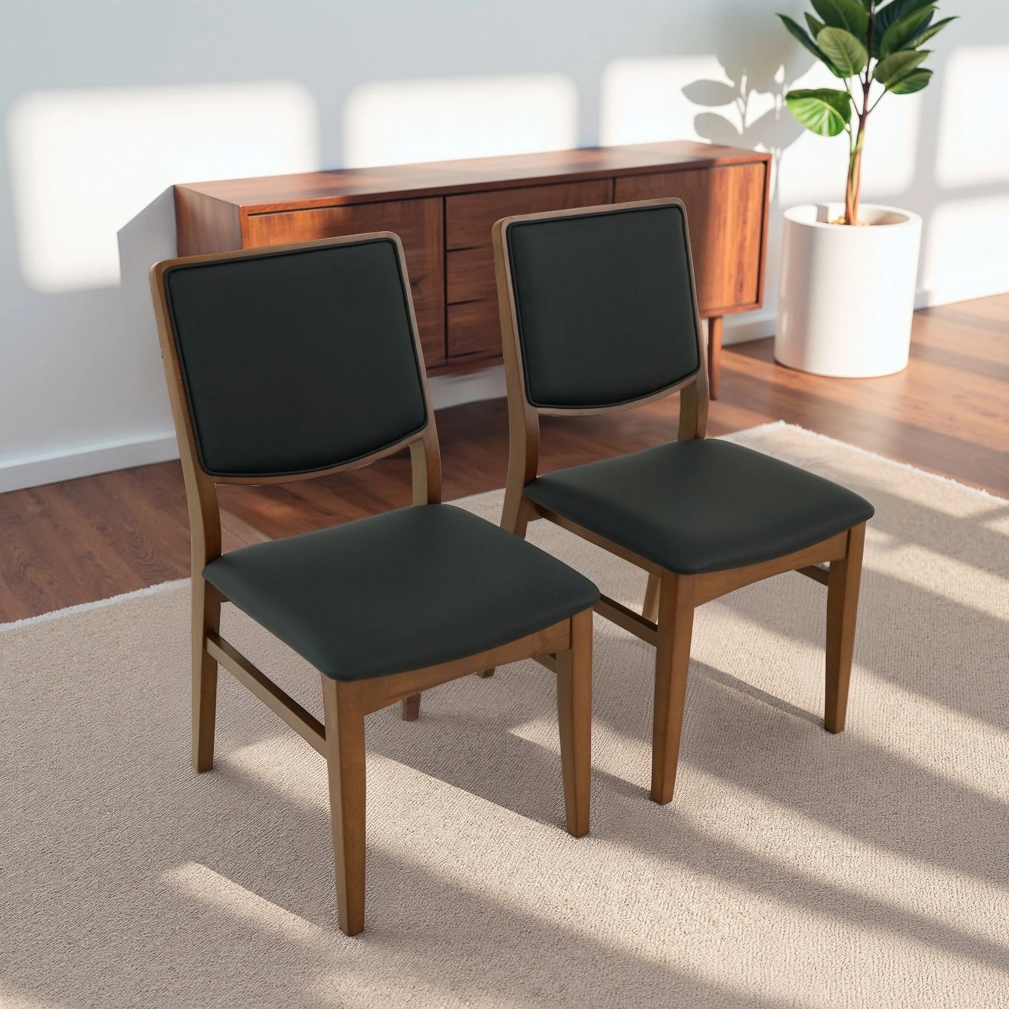 Cary Walnut Finished Solid Wood and Easy Clean Vegan Leather Upholstered Dining Chairs (Set of 2) - Image 4