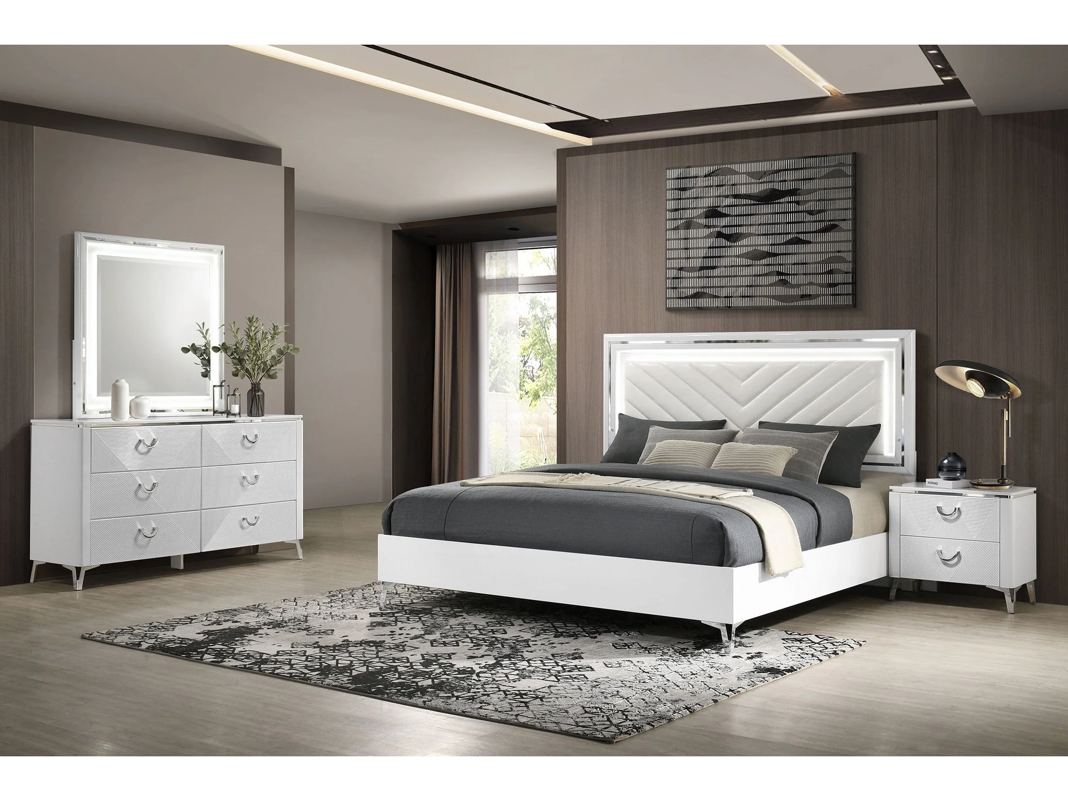 Cassia White High Gloss 4-piece Queen LED Bedroom Set