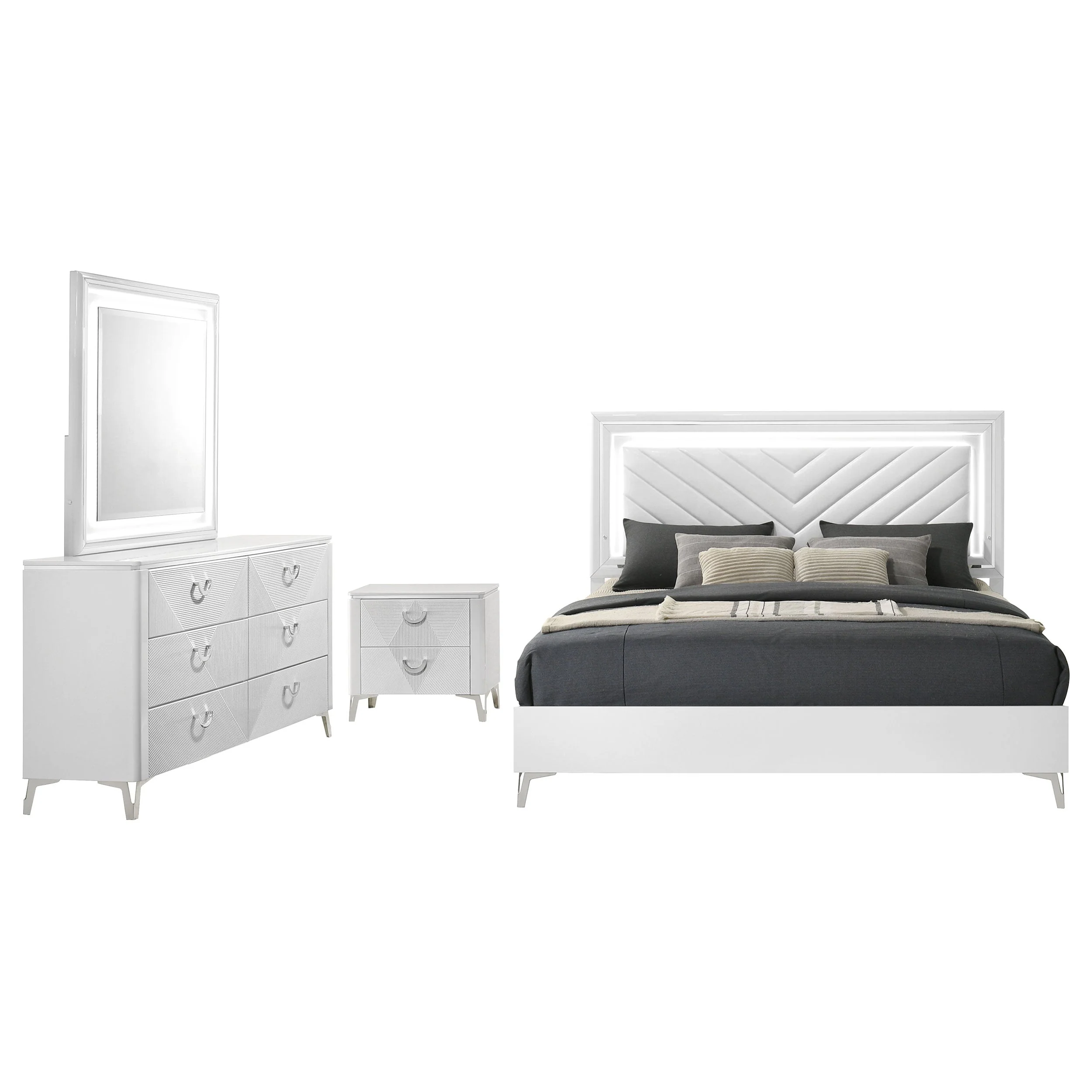 Cassia White High Gloss 4-piece Queen LED Bedroom Set - Image 2