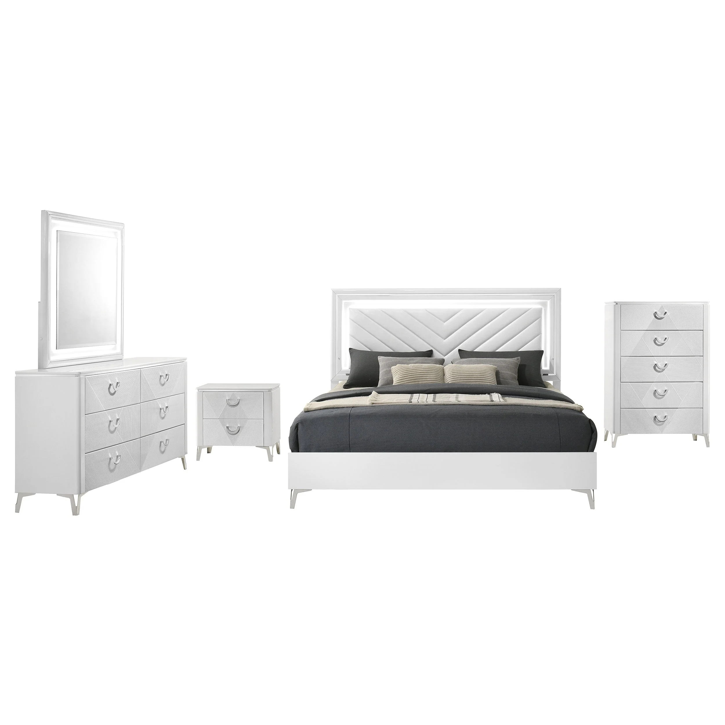 Cassia White High Gloss 5-piece Eastern King LED Bedroom Set - Image 2