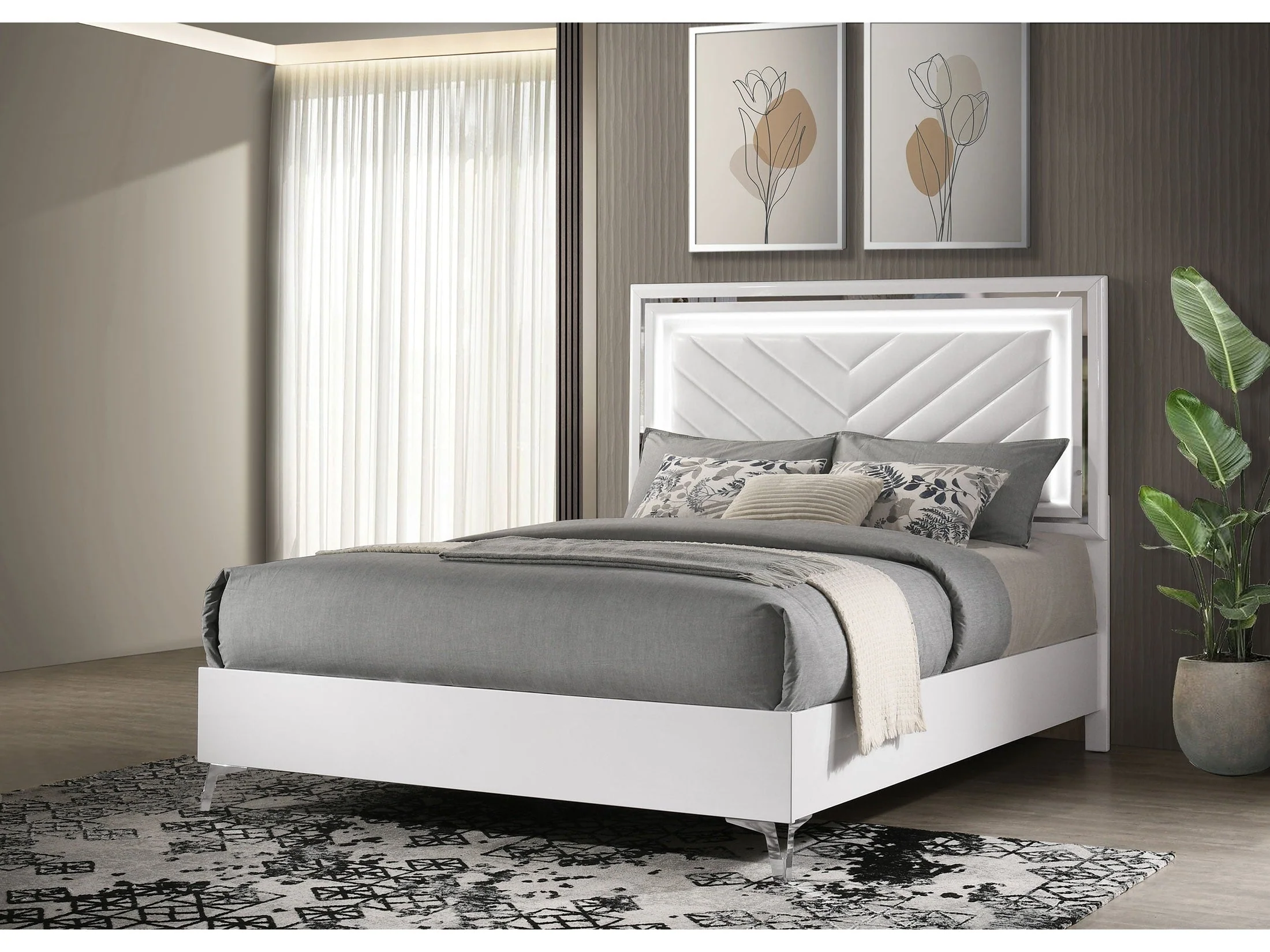 Cassia White High Gloss Queen LED Panel Bed