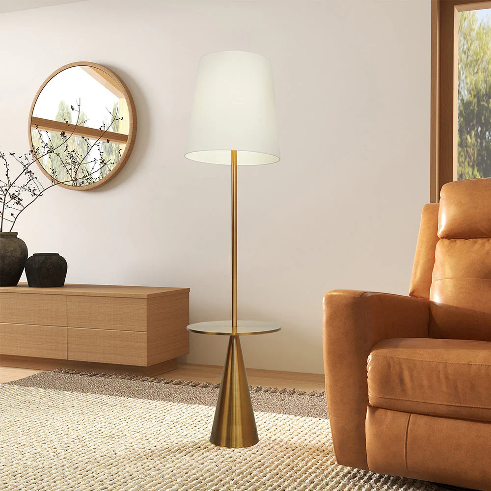 Celestial Modern Floor Lamp with Brass Accent Table with Large White Shade - Image 2
