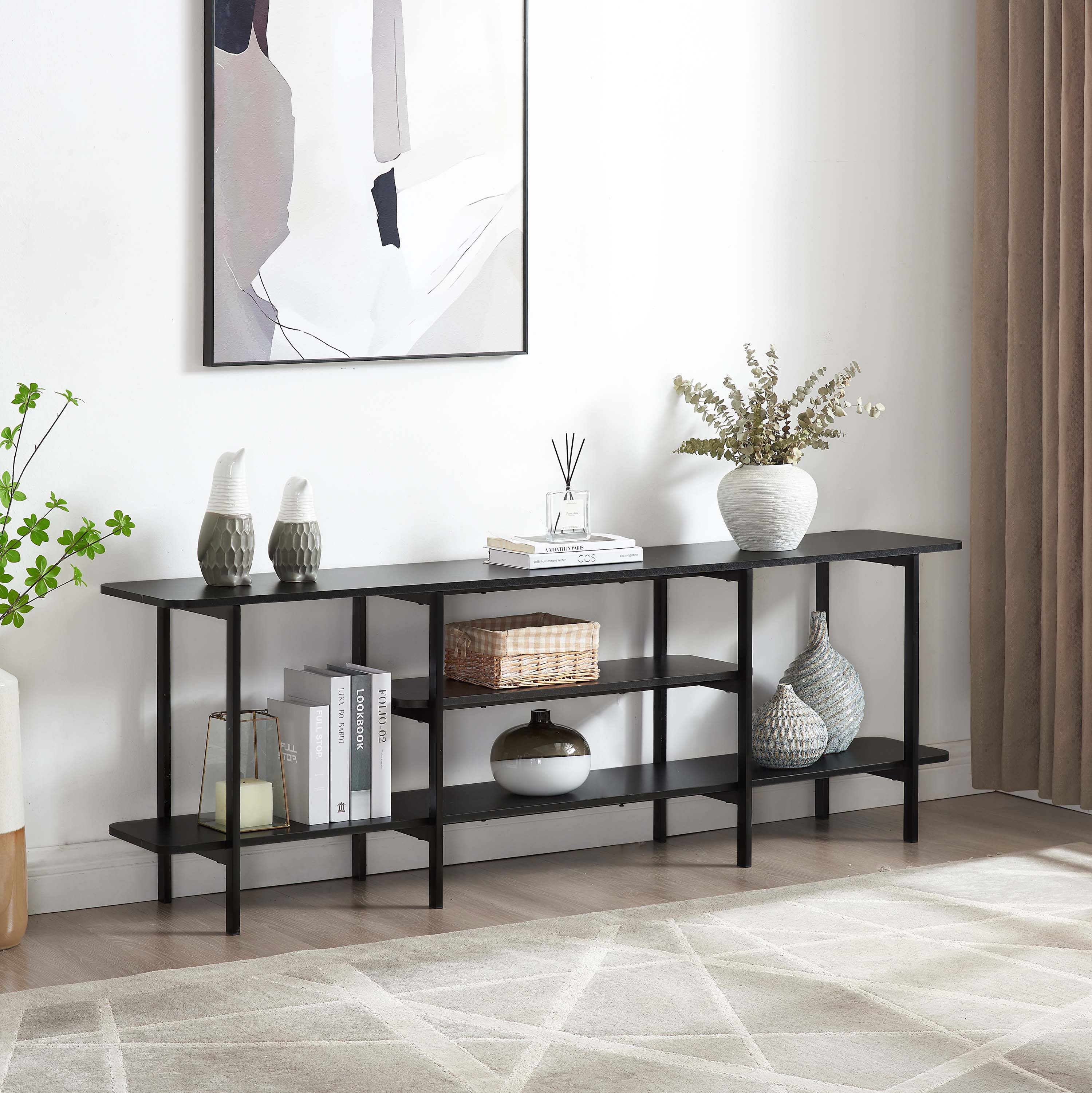 Celine Side 3 Tier Shelf Table Console in Black - Image 2