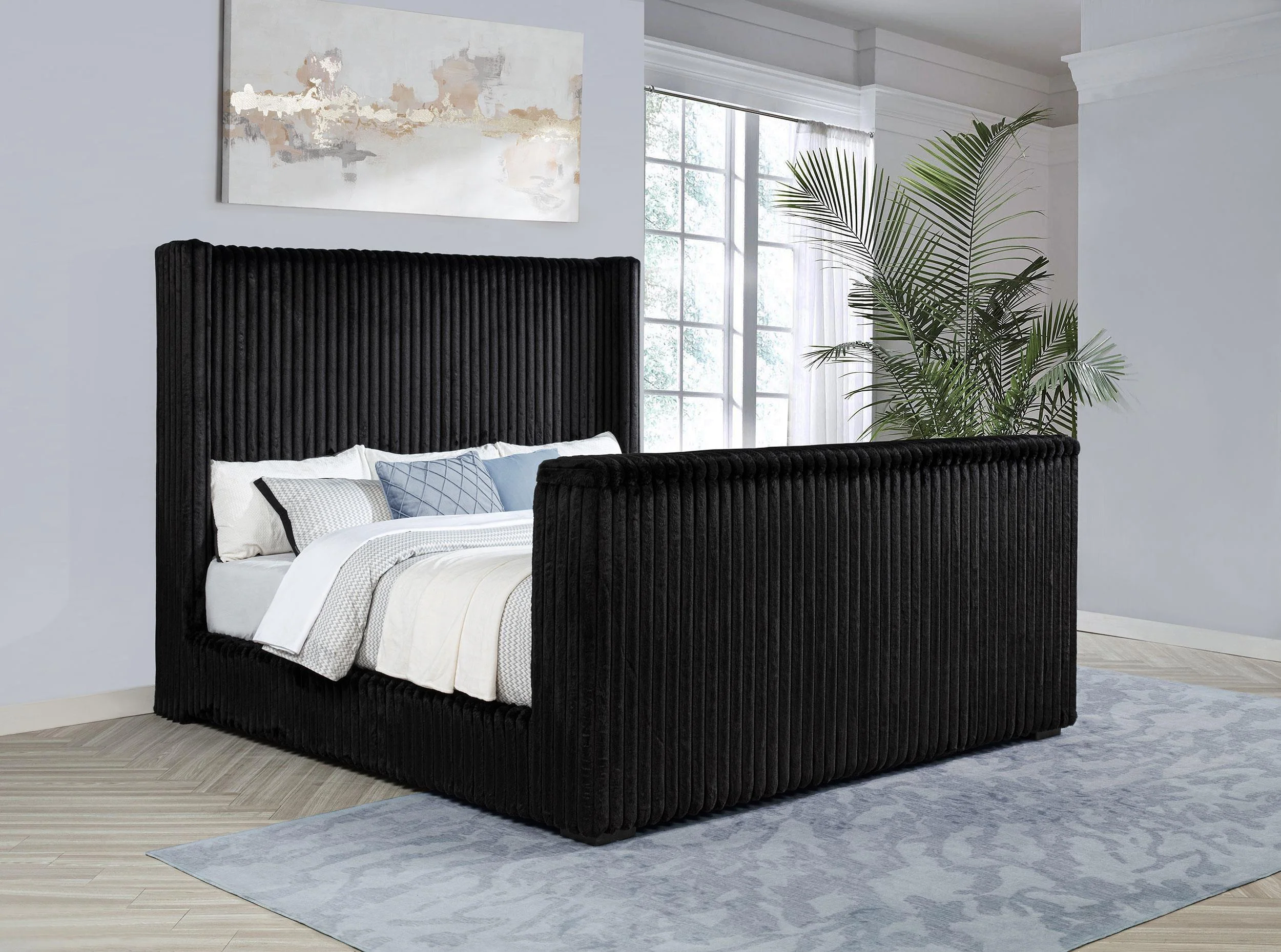 Centergrove Black Upholstered Eastern King Wingback TV Bed