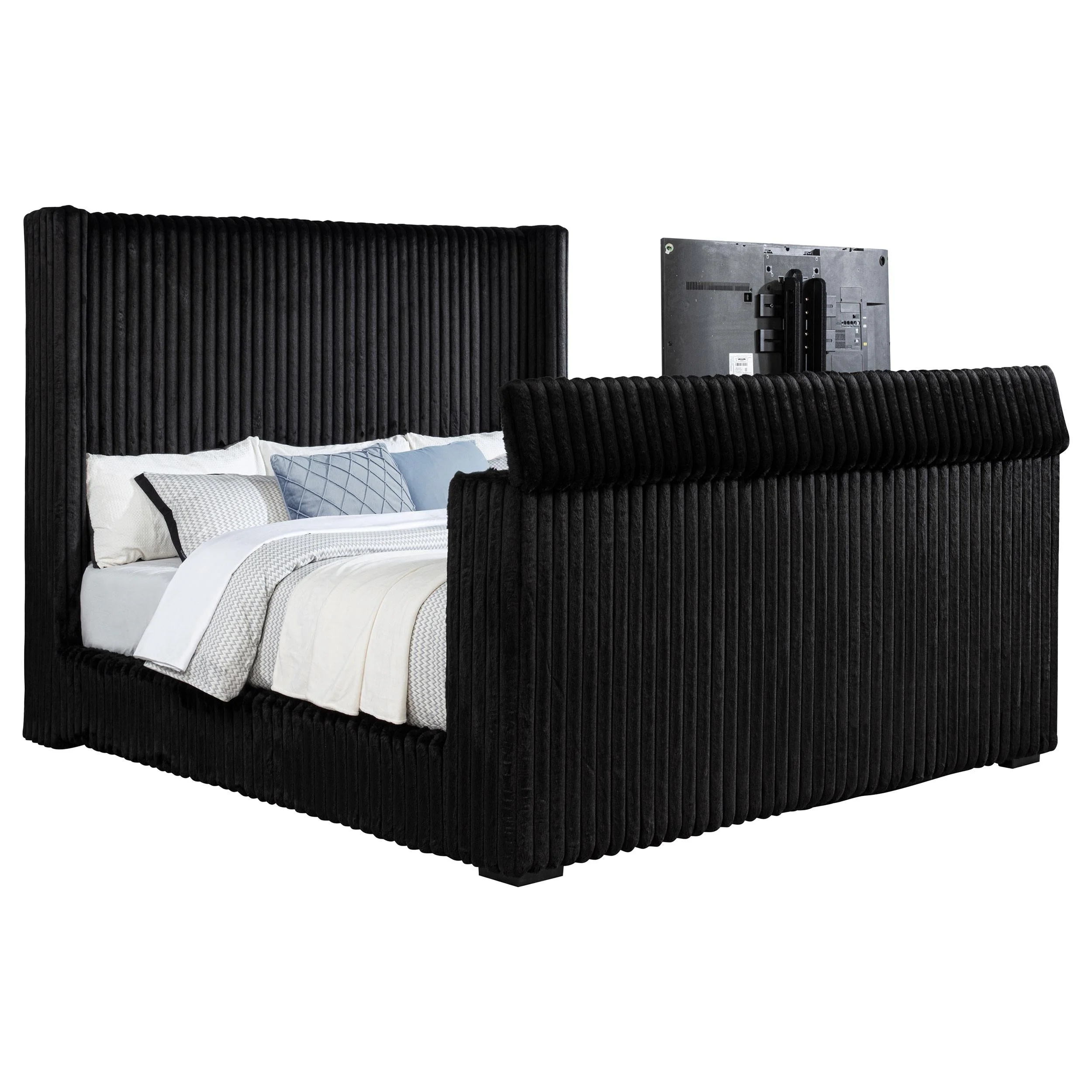 Centergrove Black Upholstered Eastern King Wingback TV Bed - Image 4