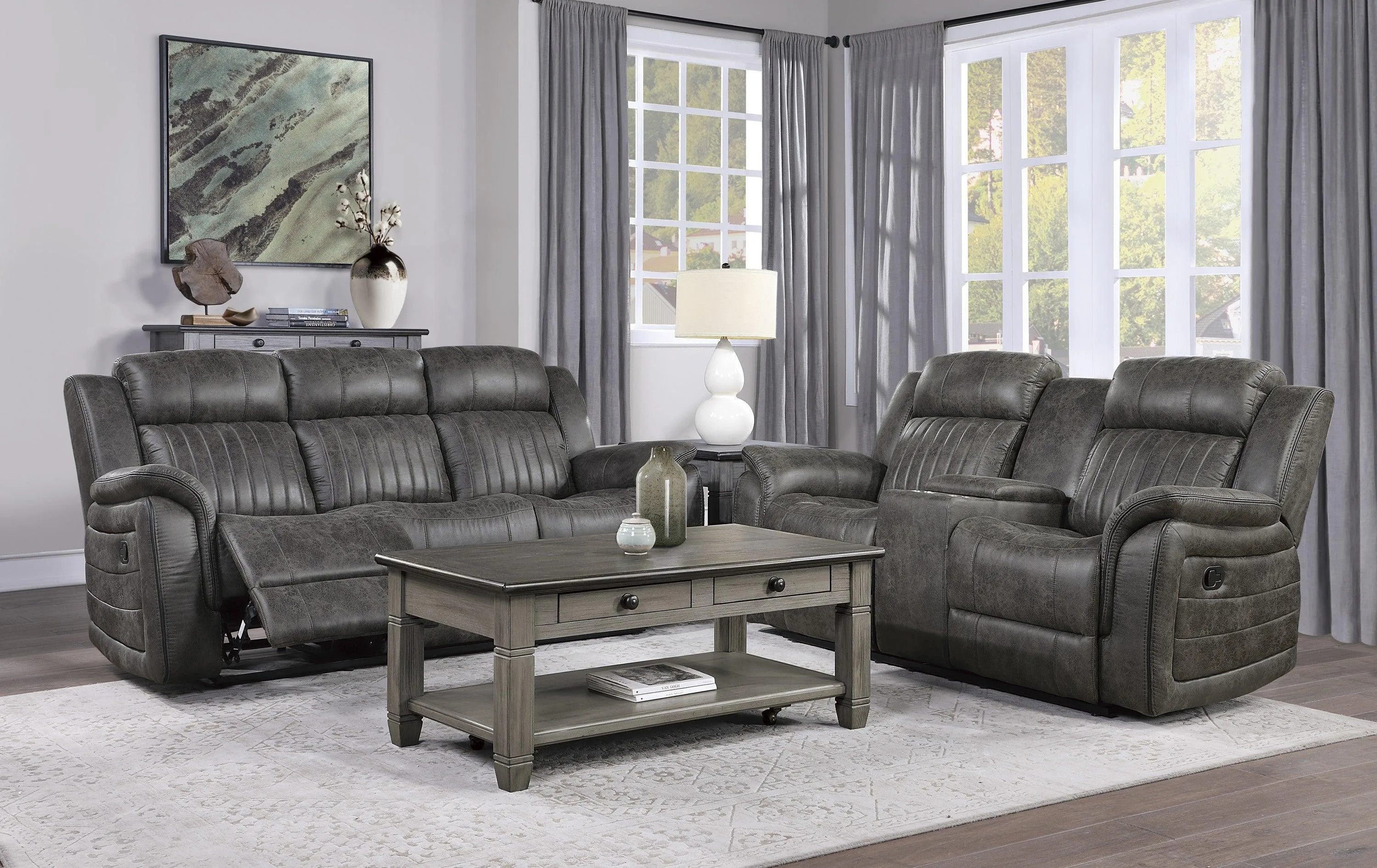 Centeroak Brownish Gray Double Reclining Loveseat with Center Console - Image 7