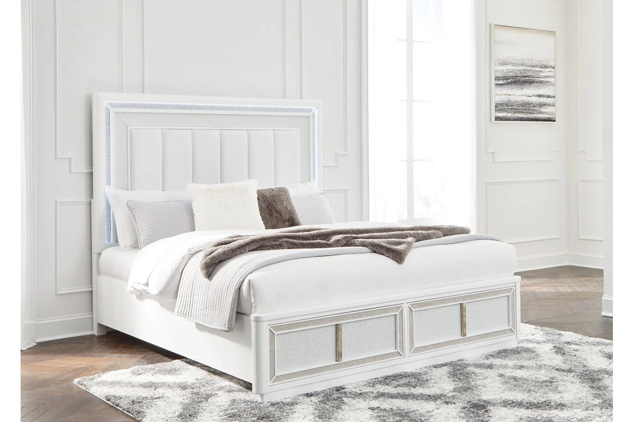 Chalanna White Queen LED Upholstered Storage Platform Bed