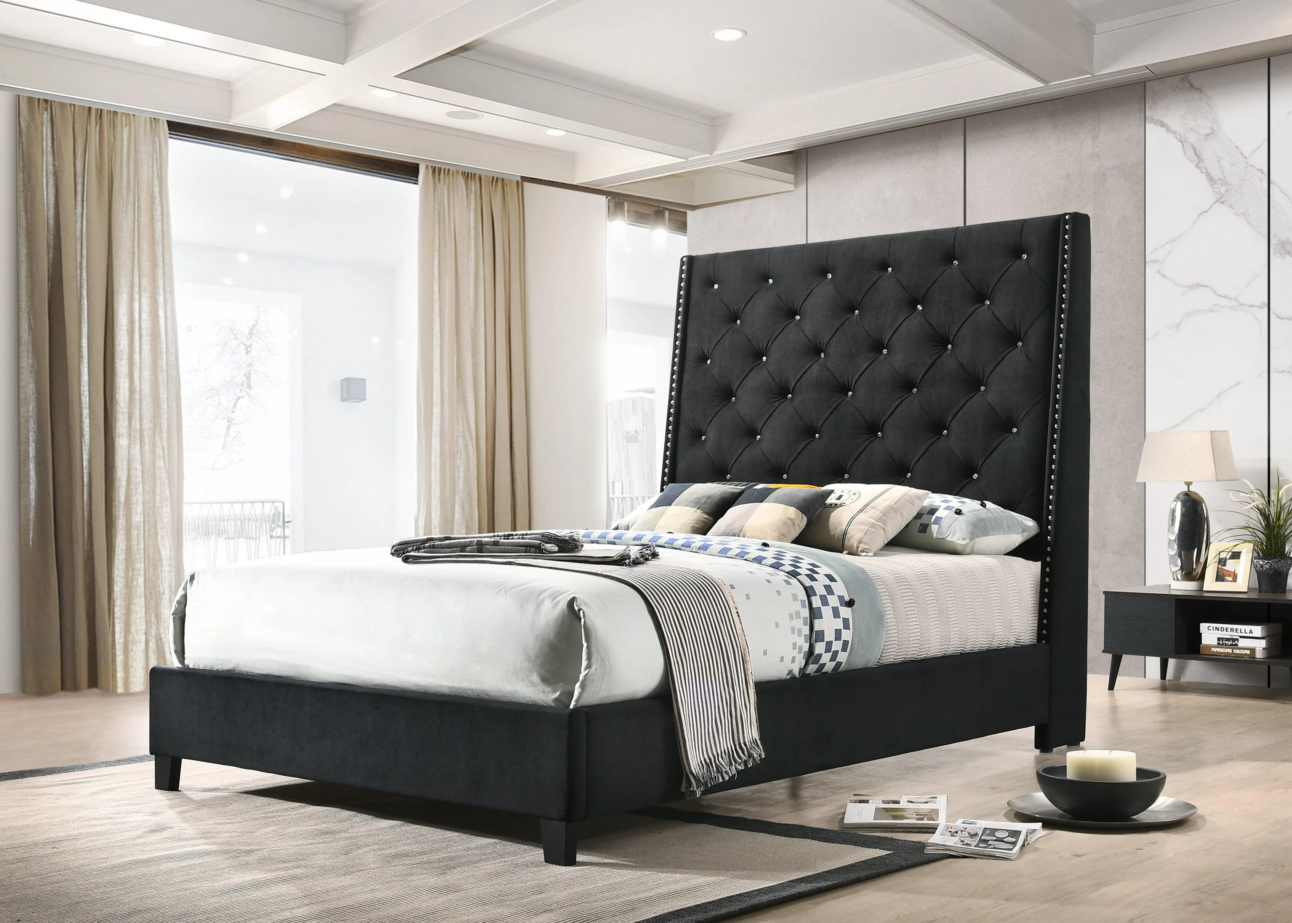 Chantilly Black Velvet Queen Upholstered Bed - Image 6
