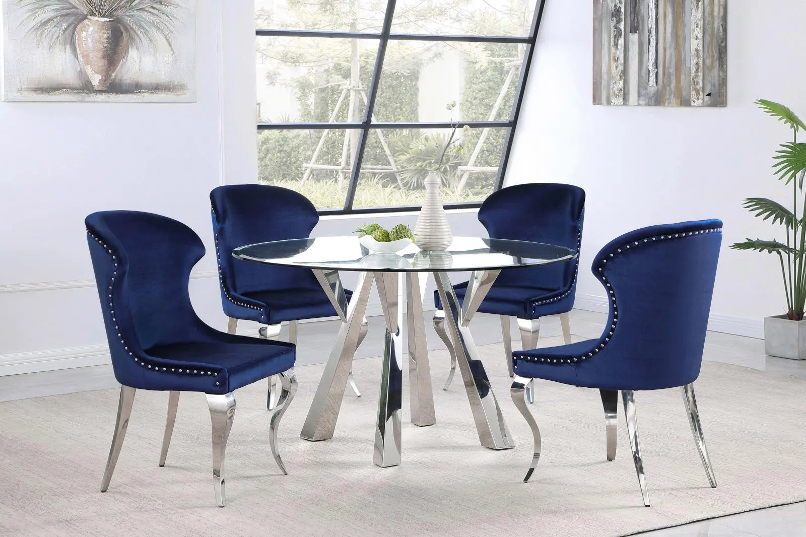 Cheyanne Upholstered Wingback Side Chair with Nailhead Trim Chrome and Ink Blue (Set of 2) - Image 9
