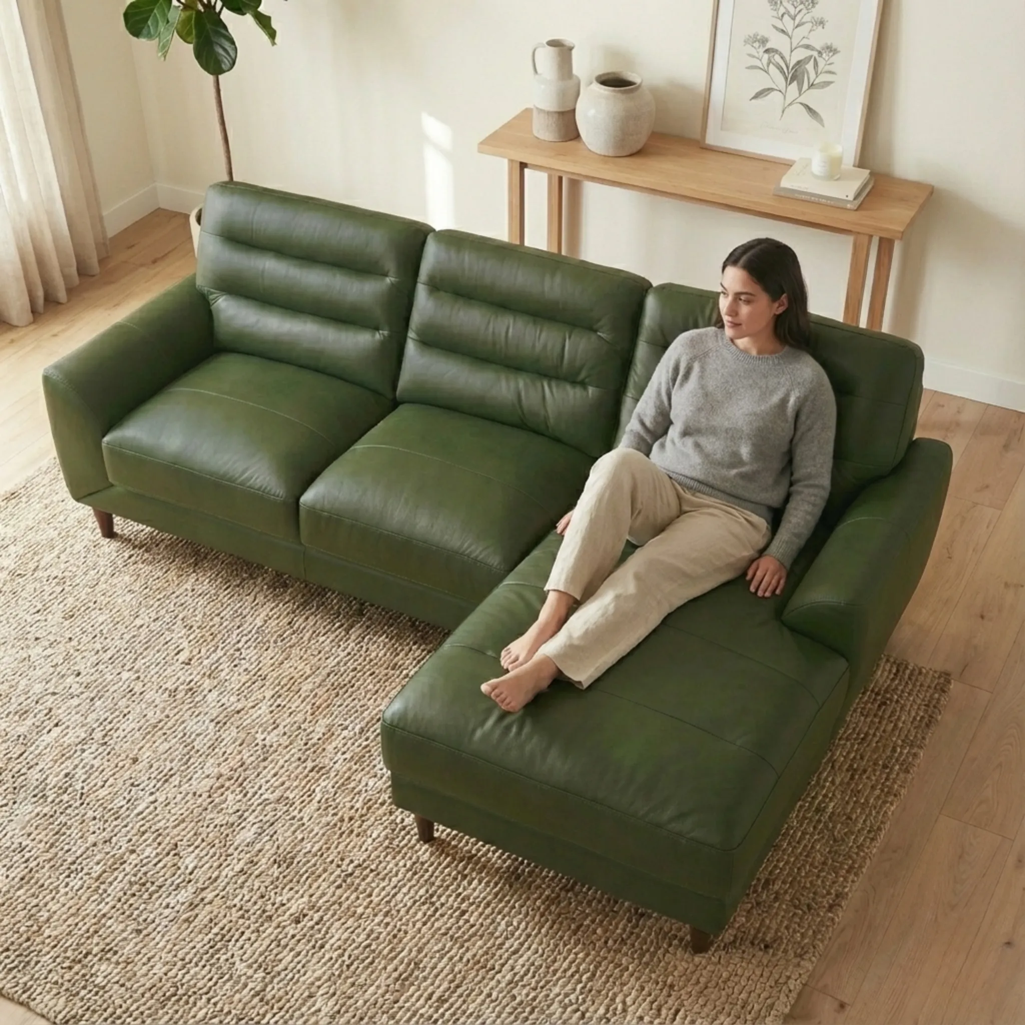 Clarion Genuine Green Leather Sectional Sofa with Chaise Lounge - Image 5