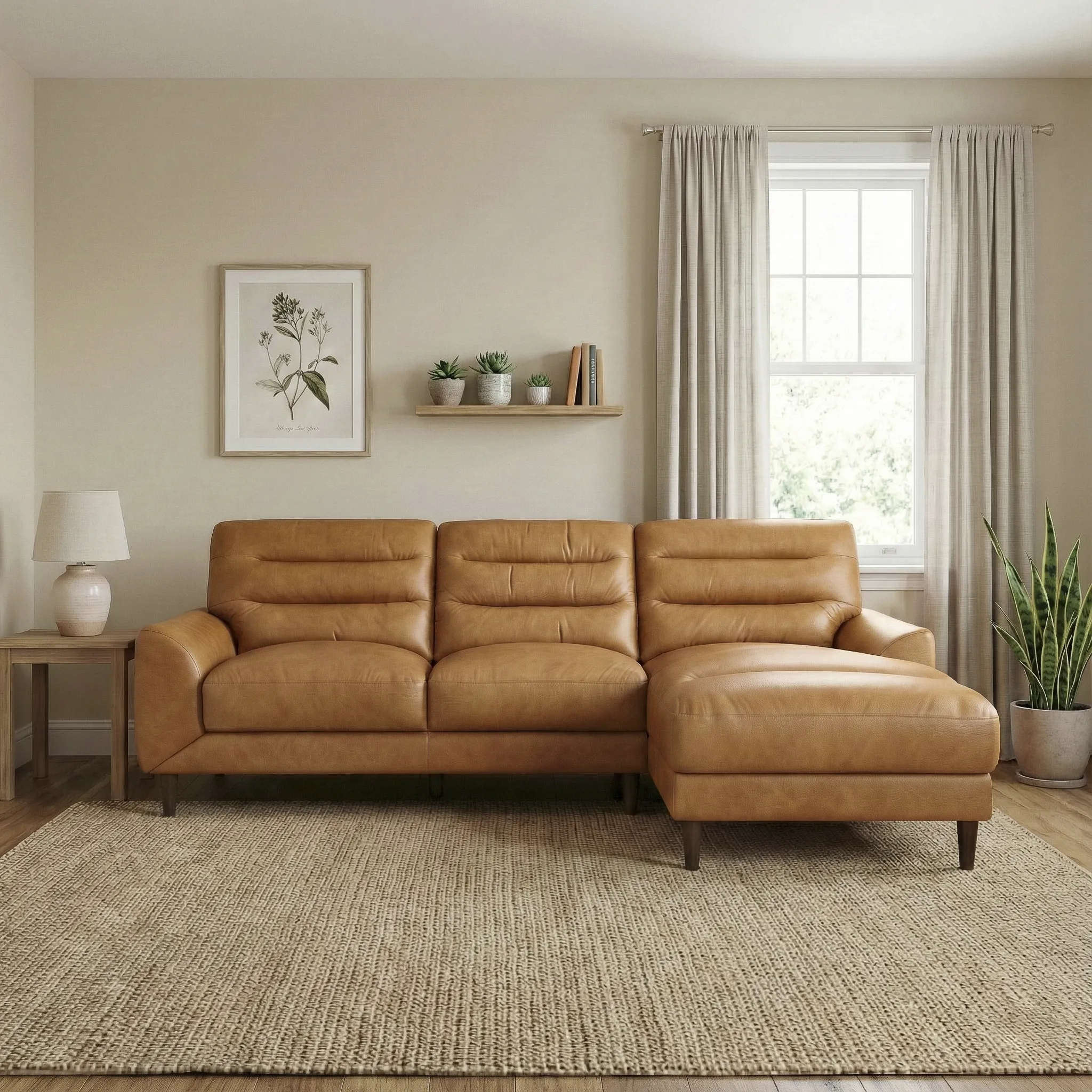 Clarion Genuine Tan Leather Sectional Sofa with Chaise Lounge - Image 2