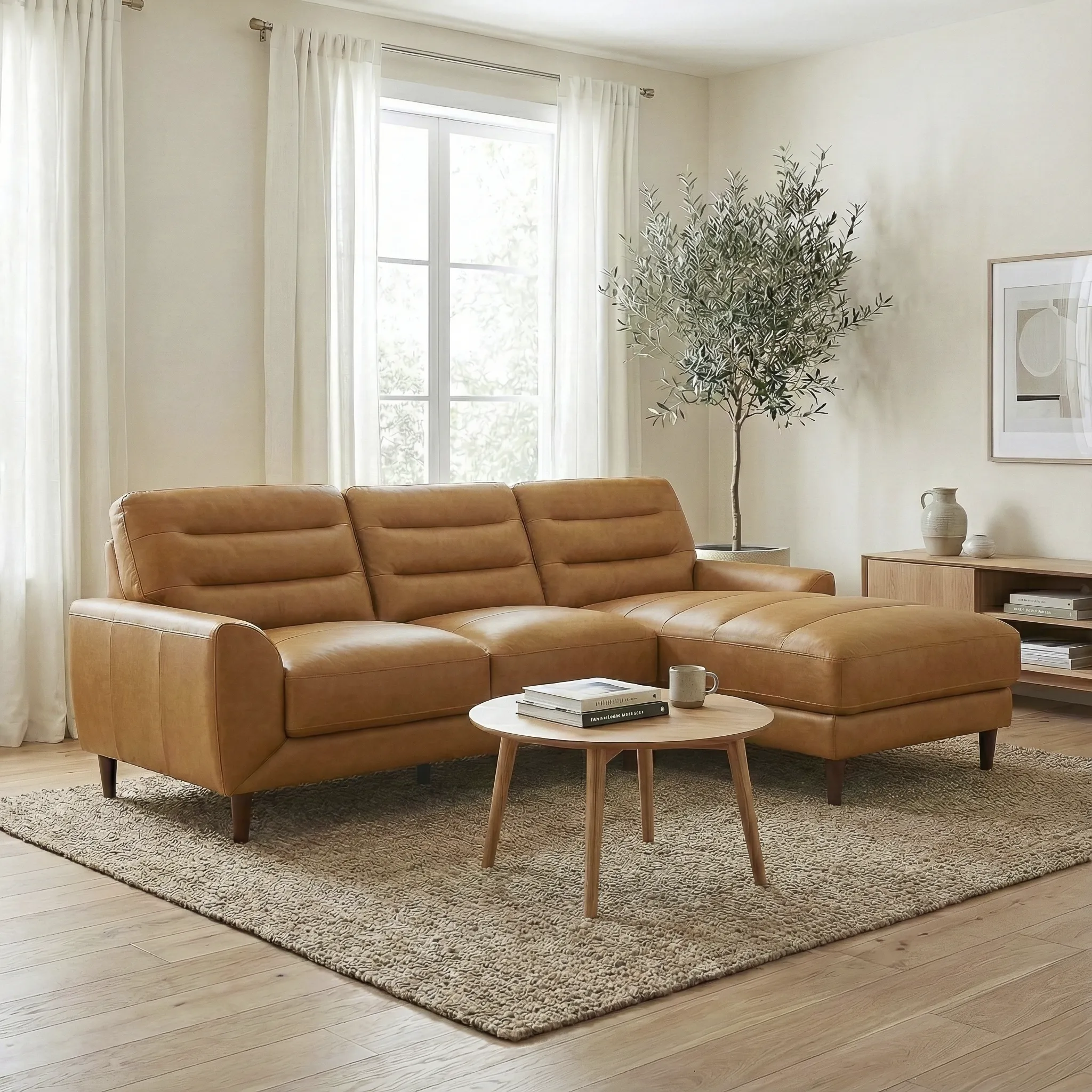 Clarion Genuine Tan Leather Sectional Sofa with Chaise Lounge - Image 3