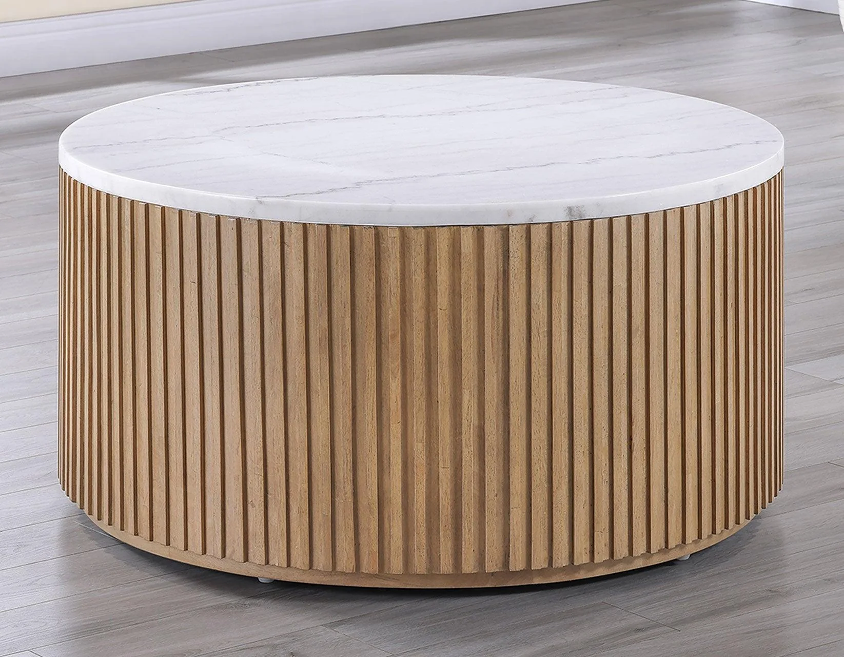 Colvin Toffee Finish 36″ Round Castered White Marble Top Coffee Table