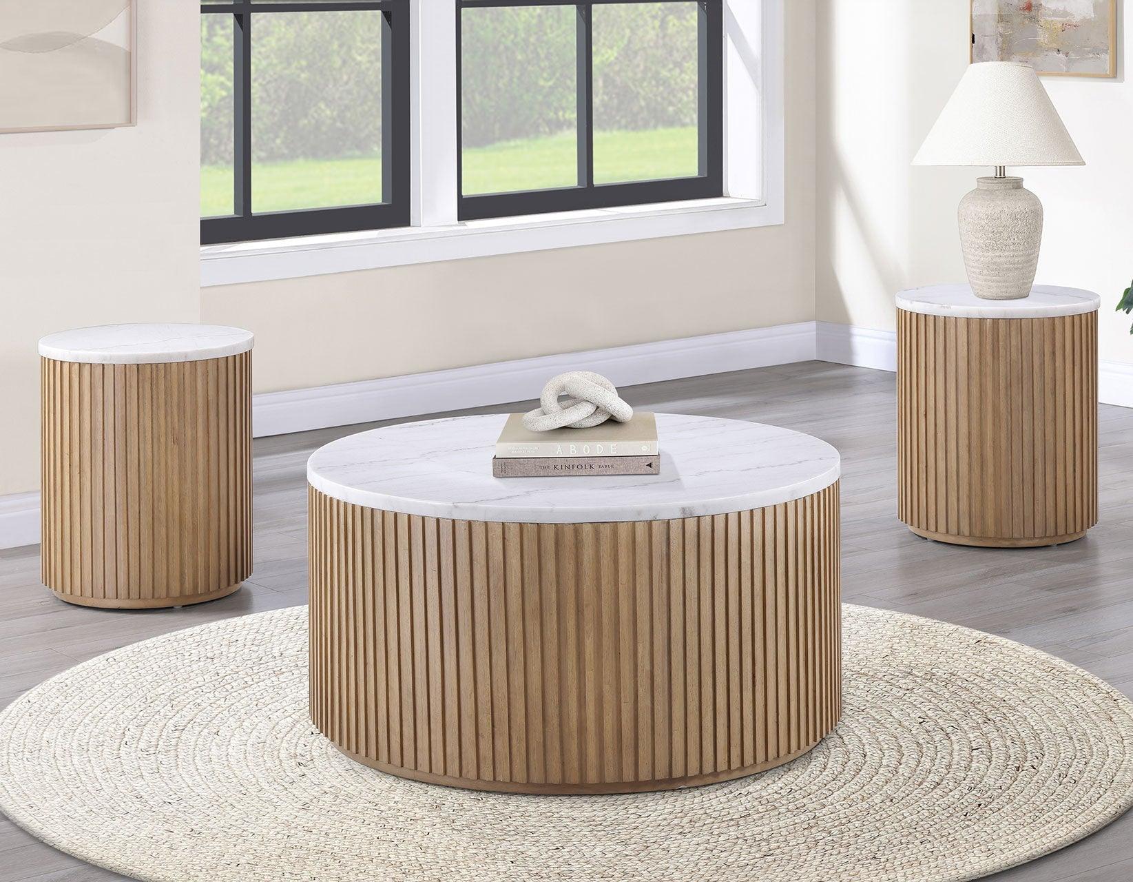 Colvin Toffee Finish 36″ Round Castered White Marble Top Coffee Table - Image 3