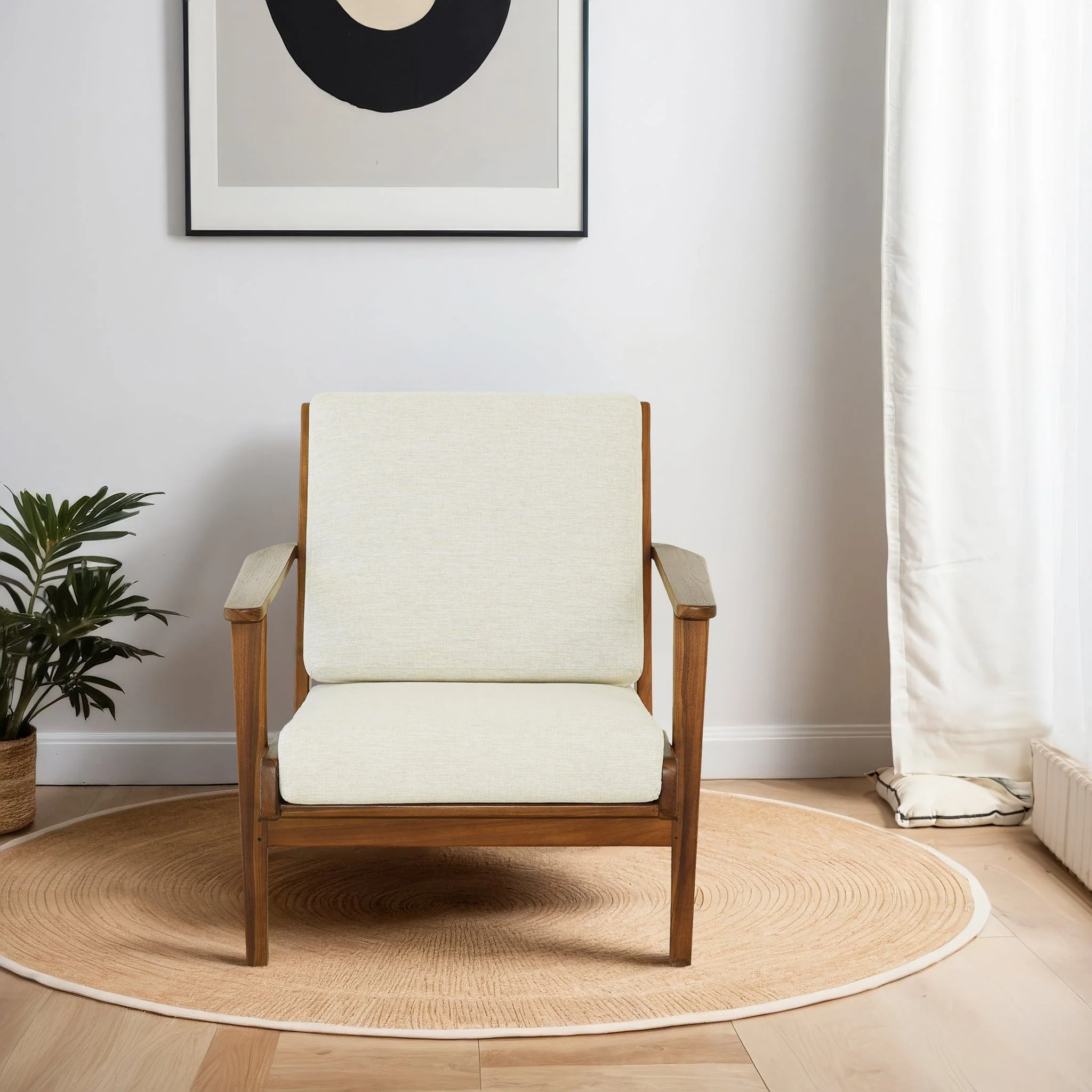 Connor Solid Wood Linen Lounge Chair - Cream - Image 3