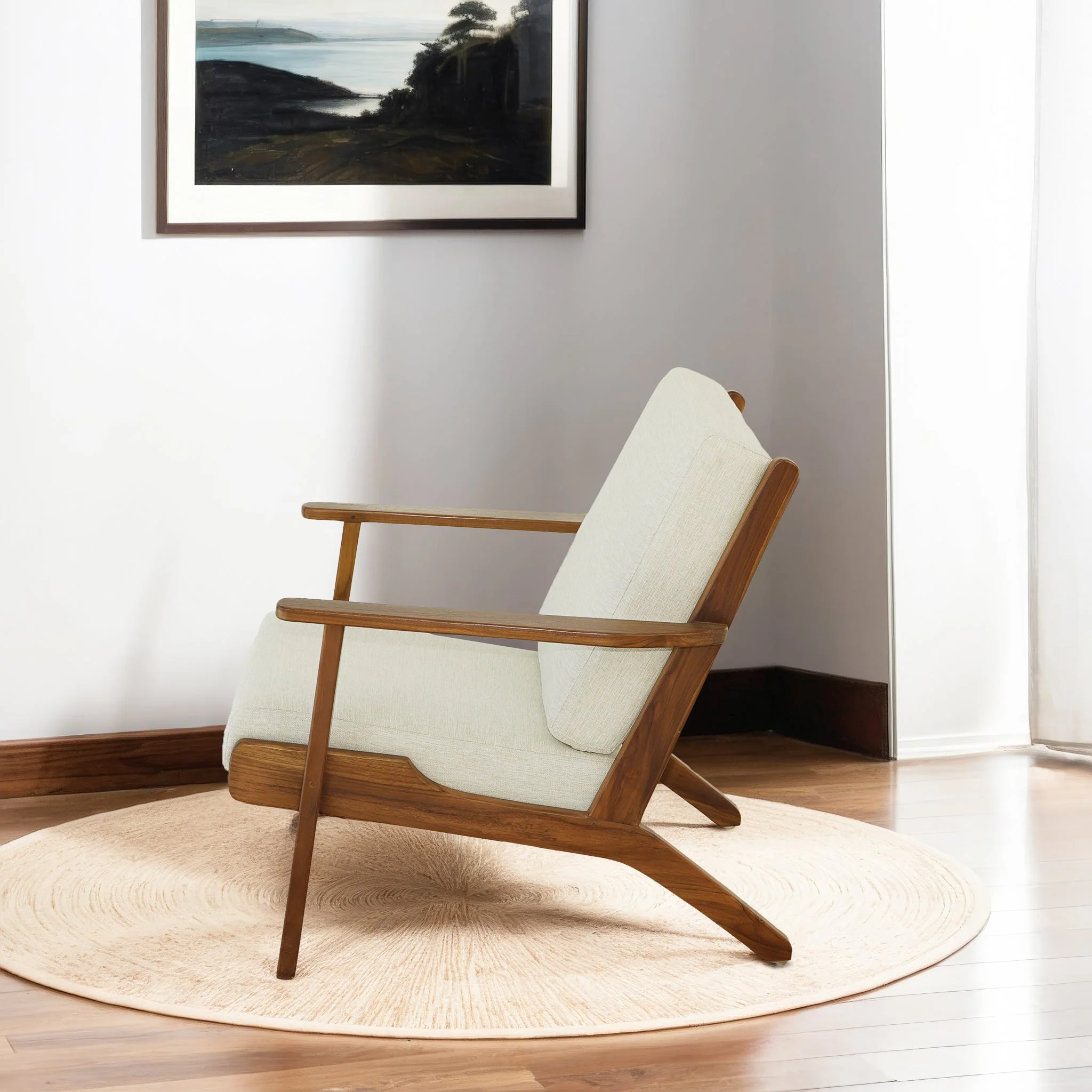 Connor Solid Wood Linen Lounge Chair - Cream - Image 4