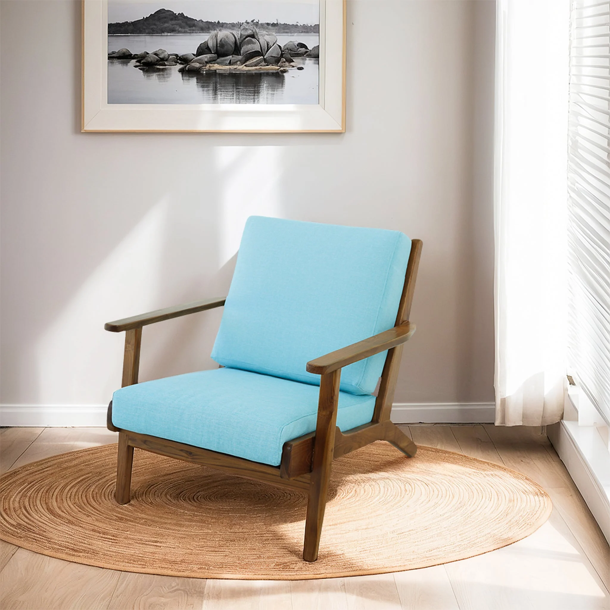 Connor Solid Wood Linen Lounge Chair - Sky Blue - Image 3