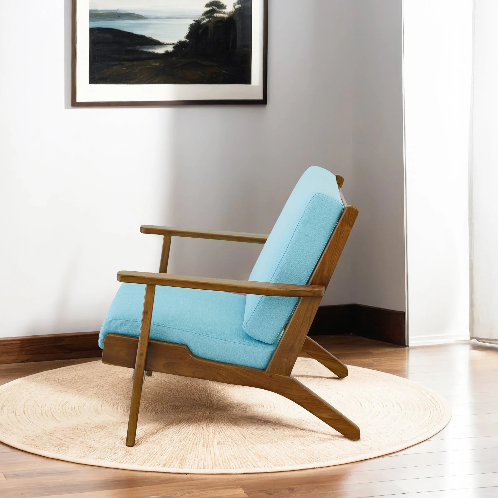 Connor Solid Wood Linen Lounge Chair - Sky Blue - Image 4