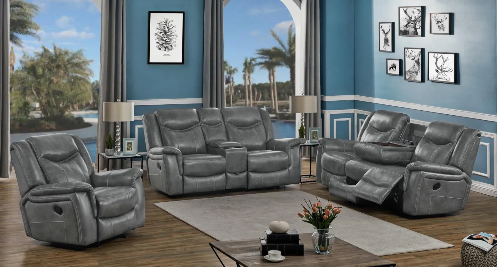 Conrad Gray Upholstered Padded Arm Reclining Living Room Set