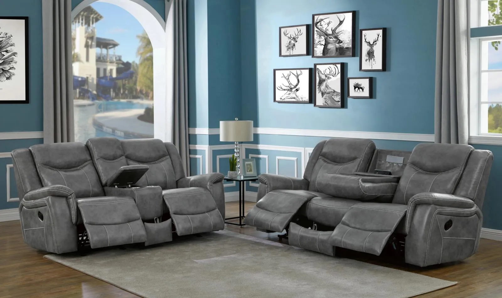 Conrad Gray Upholstered Padded Arm Reclining Living Room Set - Image 4