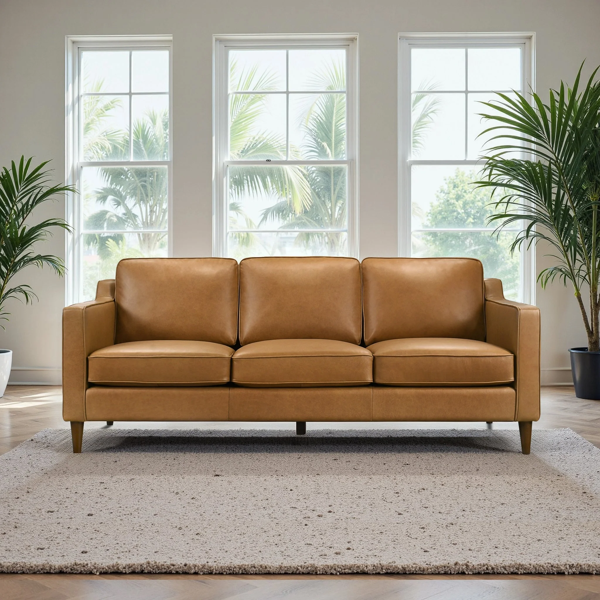 Cooper Mid Century Modern Tan Leather Sofa - Image 4